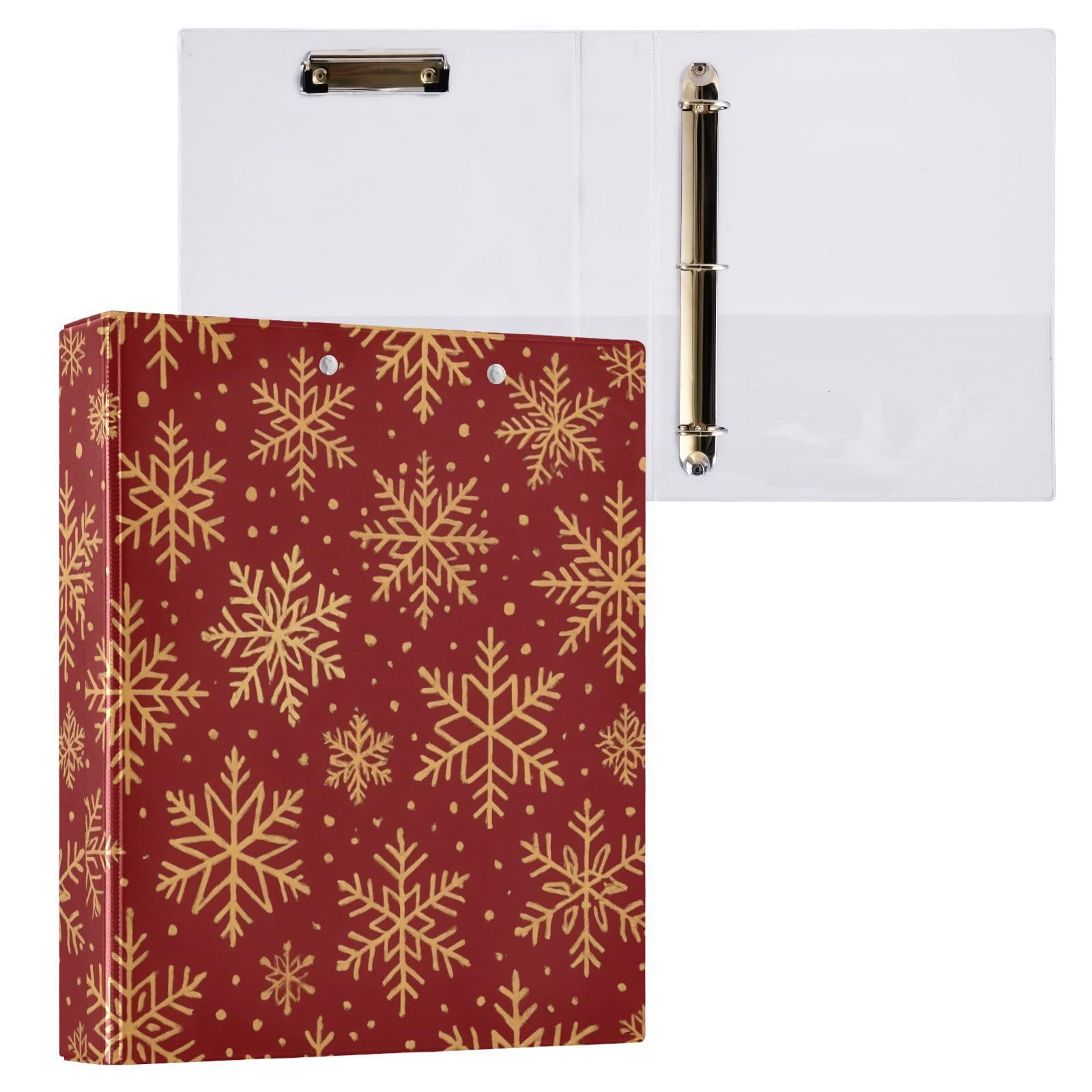 Carpeta de 3 anillos, carpeta de anillos en D rojos con copos de nieve dorados y beige, paquete de 2 | Con portapapeles y bolsillos, para escuela, universidad, oficina