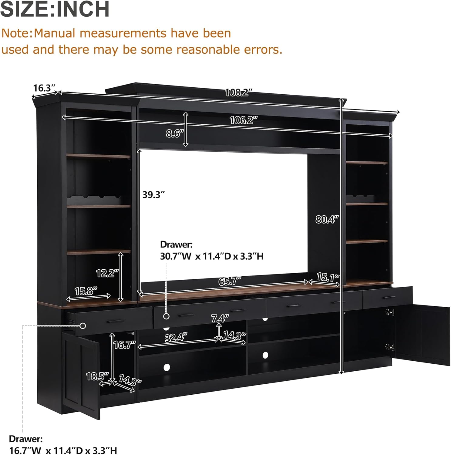 LUMISOL 4-Piece Farmhouse Entertainment Wall Unit Set for TVs up to 70", TV Stand with Bookshelves and 4 Drawers, Large Media Console with Wine Rack and Adjustable Shelves, for Living Room, Black