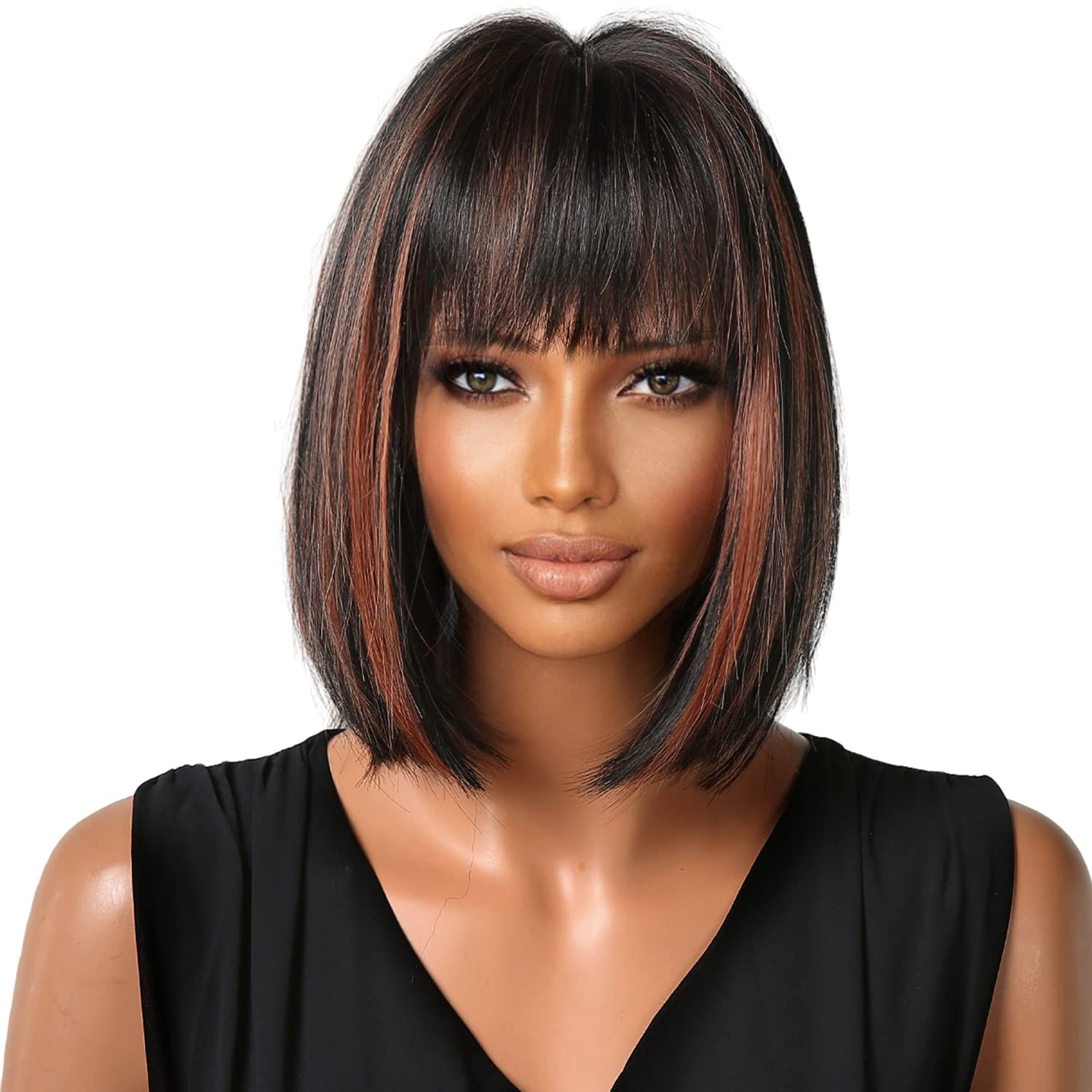 Bob Wig with Bangs Short Bob Wig for Black Women Black Mix Brown Daily Costume Wigs Straight Synthetic Heat Resistant Hair Wigs, 14 Inch
