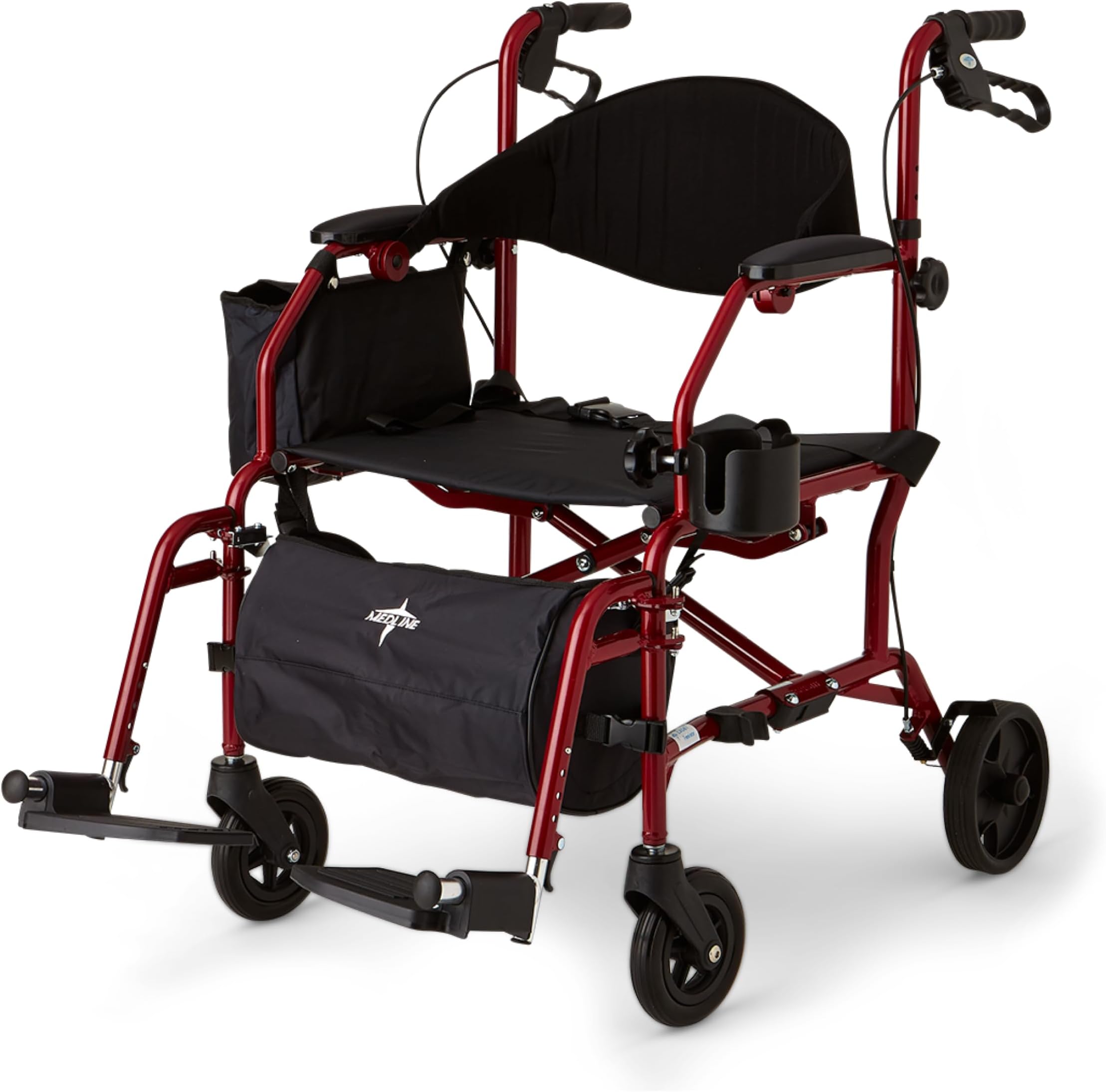 Medline Red Combination Rollator and Transport Chair, Desk-Length Arms, Swing Away Footrests, Red Frame