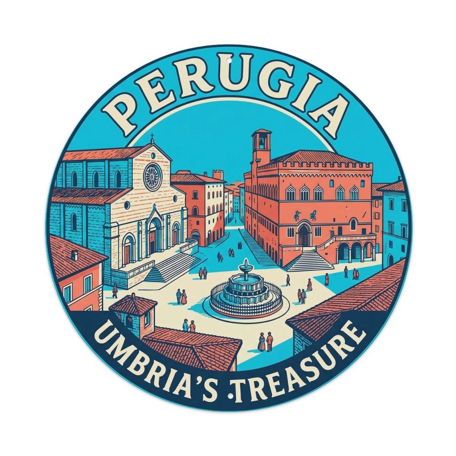 Perugia Landmark Square City Europe Classic Destination Metal Tin Sign Plaque Wall Decor for Cafe, Man Cave, Club Bar, Office, Home Garden Round Metal Poster 8x8Inch