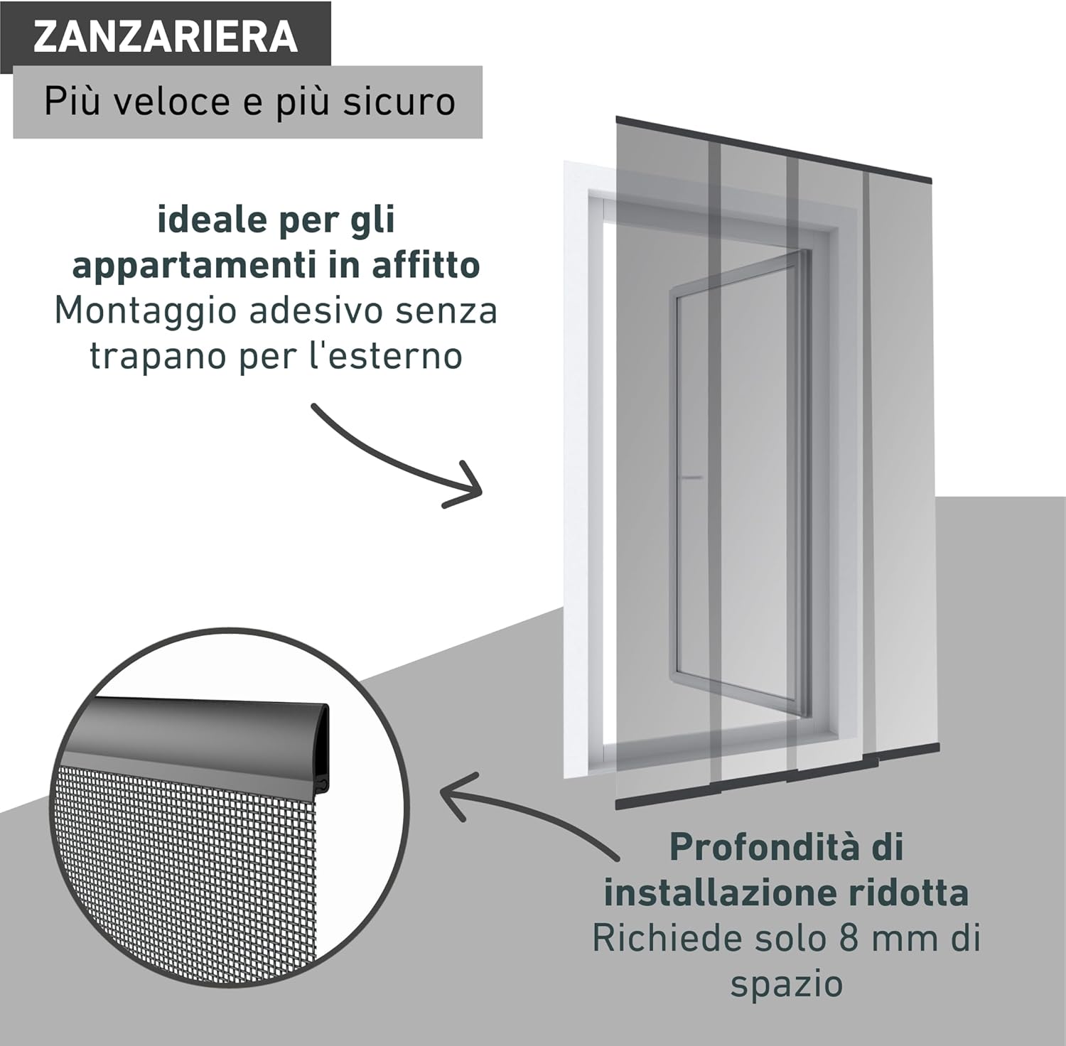 Diagram showing the adhesive mounting method for the Windhager Plus Easy Door Screen.