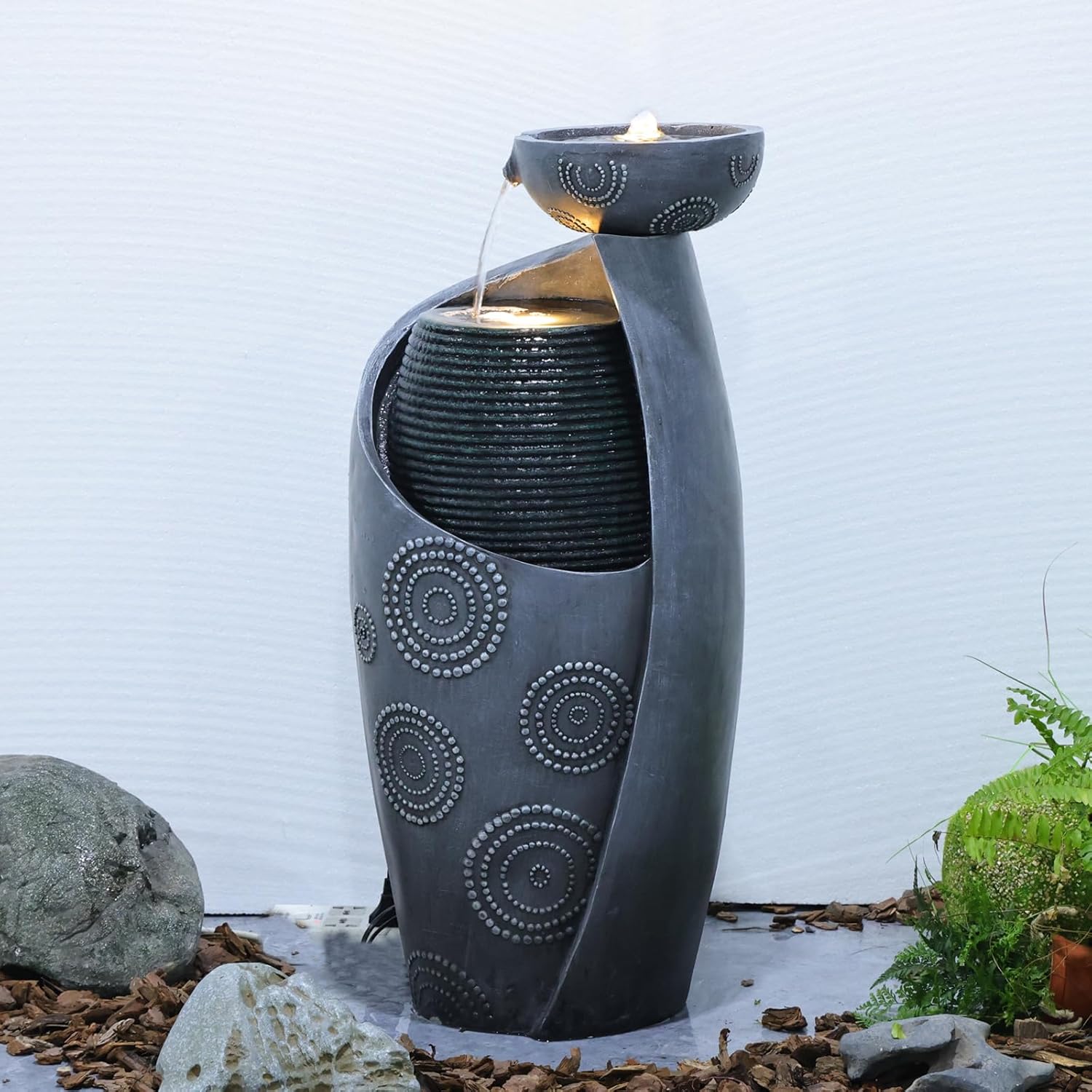 Sunlinua Vase Outdoor Water Fountain, 31.4''H Jar Waterfall Fountain with Warm LED Lights&Durable Pump for Yard, Porches, Home Décor,Garden,Office