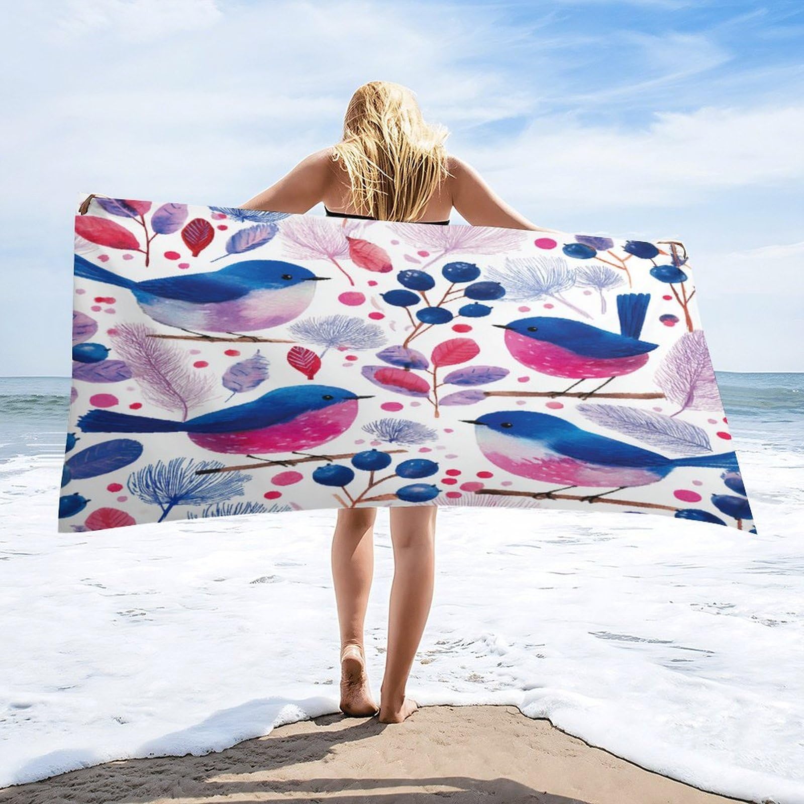 Luyysky Funny Abstract Blue Birds Quick-Drying Beach Towel, Beautiful Cute Japanese Botanical Plant Fruit Blueberries Animals Bird Travel Vacation Single Sided Pile Bathroom Towels-80"W Cm X 160"L Cm