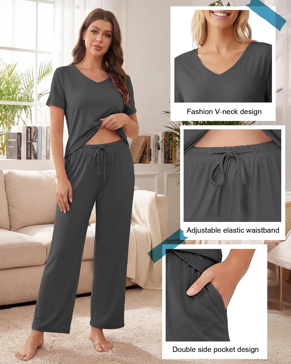 3 Pack Women's Pajama Set Short Sleeve Pajamas Top and Pants V Neck Soft 2 Piece Pjs Set Loungewear with Pockets