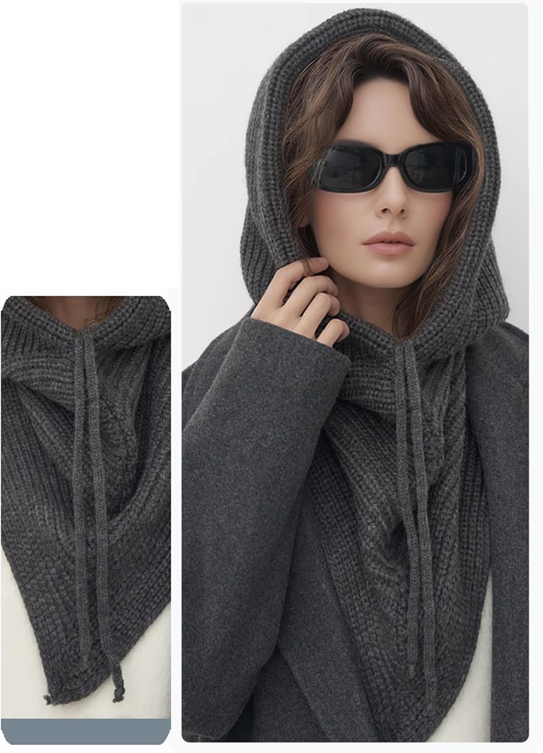 Knit Balaclava Winter Hats for Women Stylish Hooded Hat Scarf Drawstring Neck Warmer