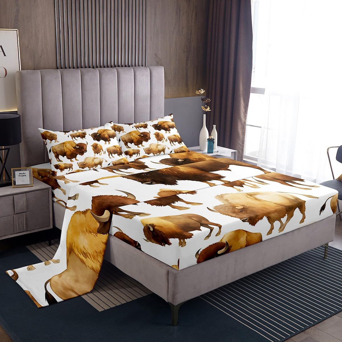 Homemissing Uroczy zestaw pościeli z bawołem King Size Wild American Bison prześcieradła z głęboką kieszenią dopasowane prześcieradło dla dorosłych 3D dzikie zwierzęta dzika przyroda stado zestaw