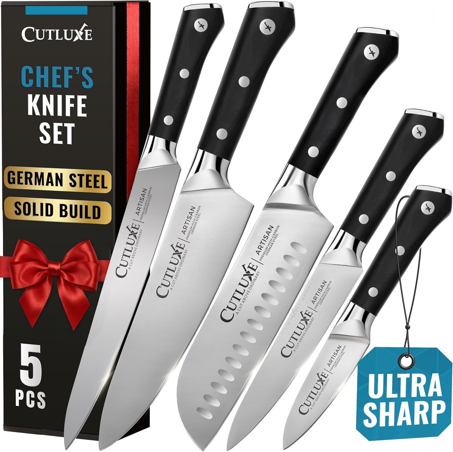 Cutluxe Kitchen Knives, 5 Pcs Chef's Knife Set – Razor Sharp German Steel, Fu...