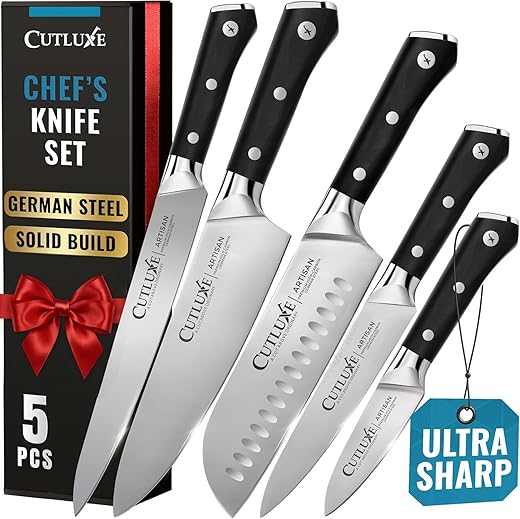 Cutluxe Kitchen Knives, 5 Pcs Chef's Knife Set – Razor Sharp German Steel, Full Tang, Ergonomic Handles – Artisan Series