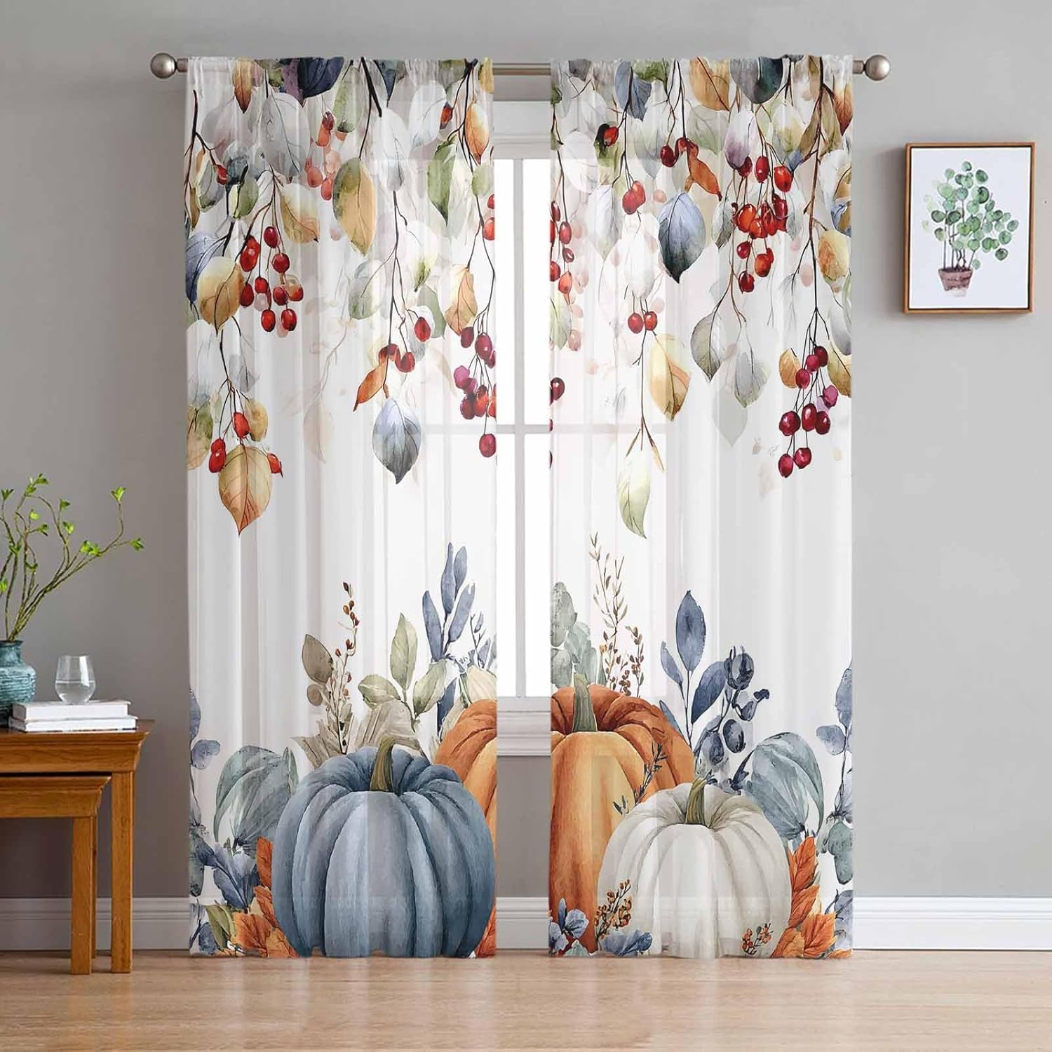 Thanksgiving Sheer Curtains 72 Inches Length 2 Panels Set Chiffon Curtain Sheers for Living Room, Fall Orange Blue Pumpkin Eucalyptus Leaves Rod Pocket Window Drapes Sheer Privacy Curtains Panels
