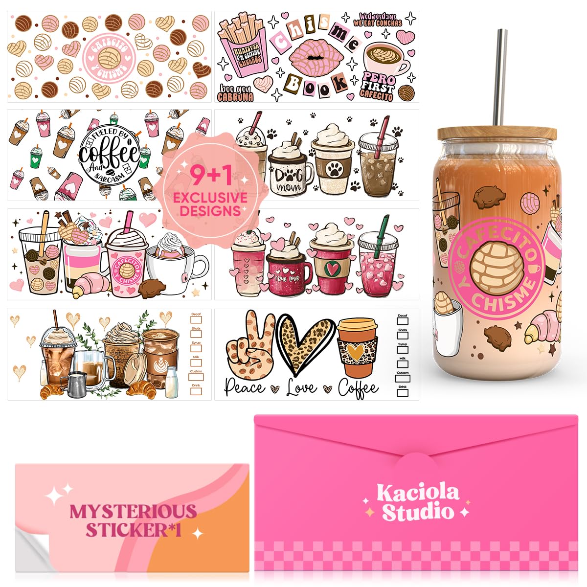 Kaciola 9 Sheets UV DTF Cup Wraps for 16 oz- Coffee Theme UV DTF Stickers, 1 Sheet Mysterious Pattern Transfer, Rub on Transfers Stickers for 16 oz Libbey Glasses Crafting