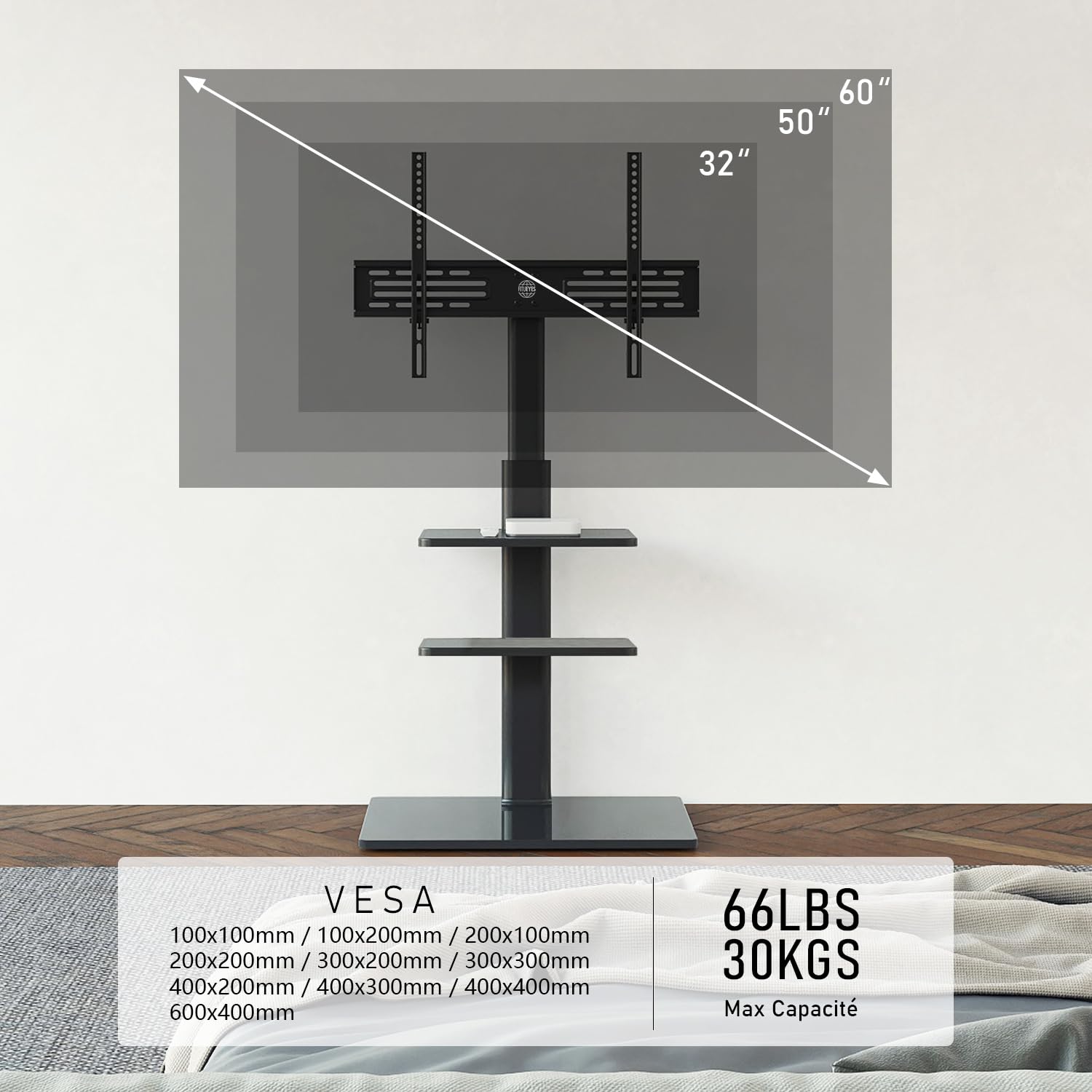 FITUEYES Support TV sur Pied, 2 Étagères, 32-60 Pouces, VESA 600 x 400 mm | Pied TV, pour Salon, Chambre et Bureau, Hauteur Réglable, Charge Maximale 30 kg, Gestion des Câbles, Noir