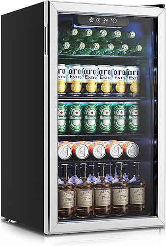 Feelfunn Refrigerador y enfriador de bebidas  Mini puerta de vidrio para 126 latas para refrescos, cerveza y vino, refrigerador de bebidas