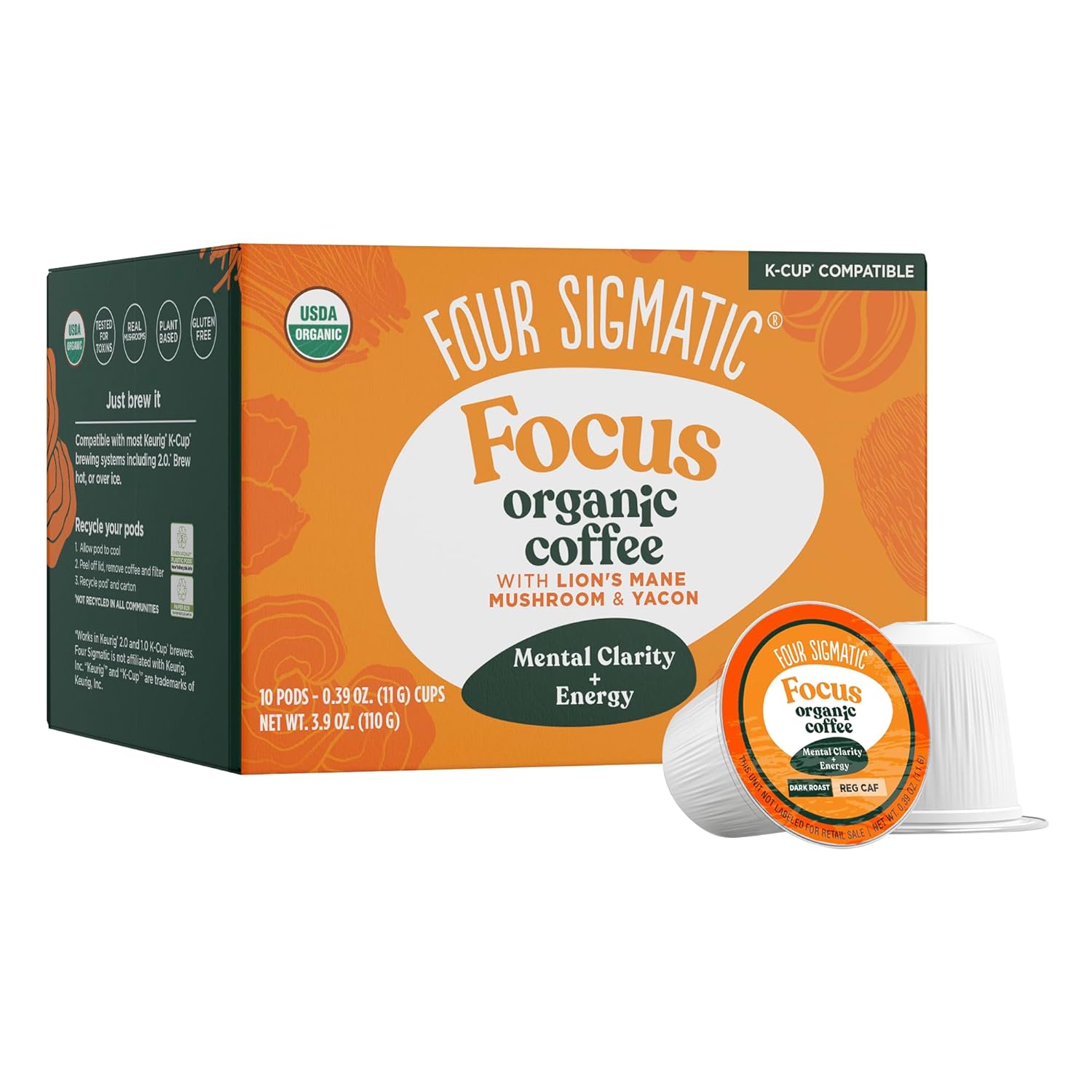 Four Sigmatic Focus Coffee K-Cups | Organic Arabica Coffee Pods with Added Focus | Dark Roast | 10 Count
