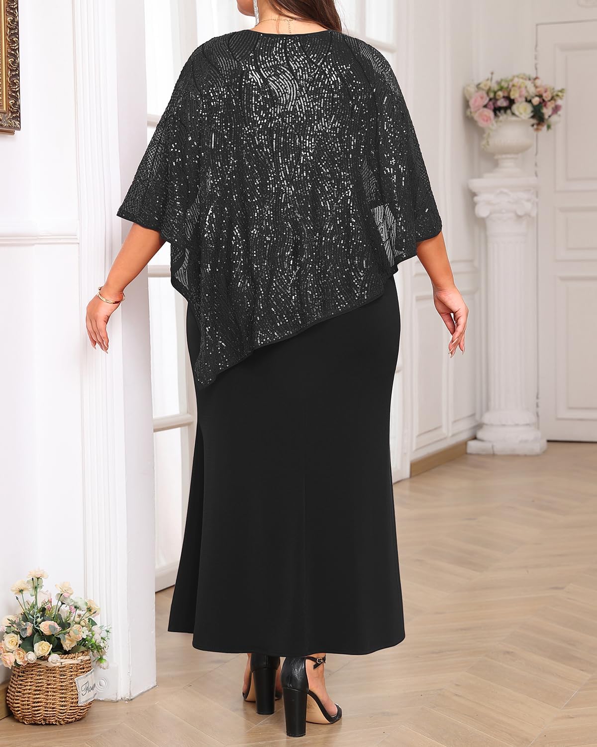 Plus Size Formal Dress - Wedding Guest Long Evening Cocktail Mermaid Dress with Sequin Overlay Cape - Image 3