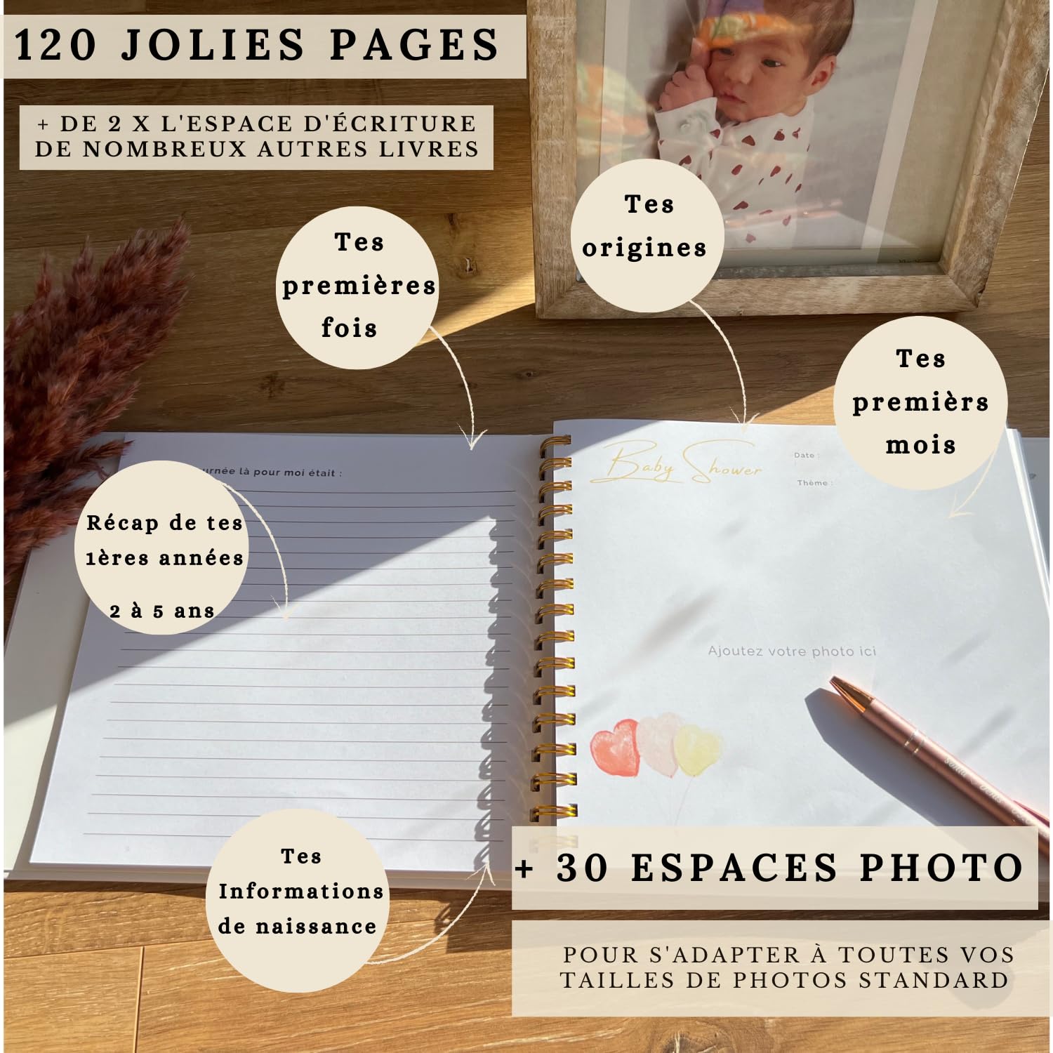 Livre de naissance bébé - Album de 150 Pages pour coller vos Photos et Ecrire tous les souvenirs des 5 premières années - Cadeau de naissance fille ou garçon idéal - Journal de future maman