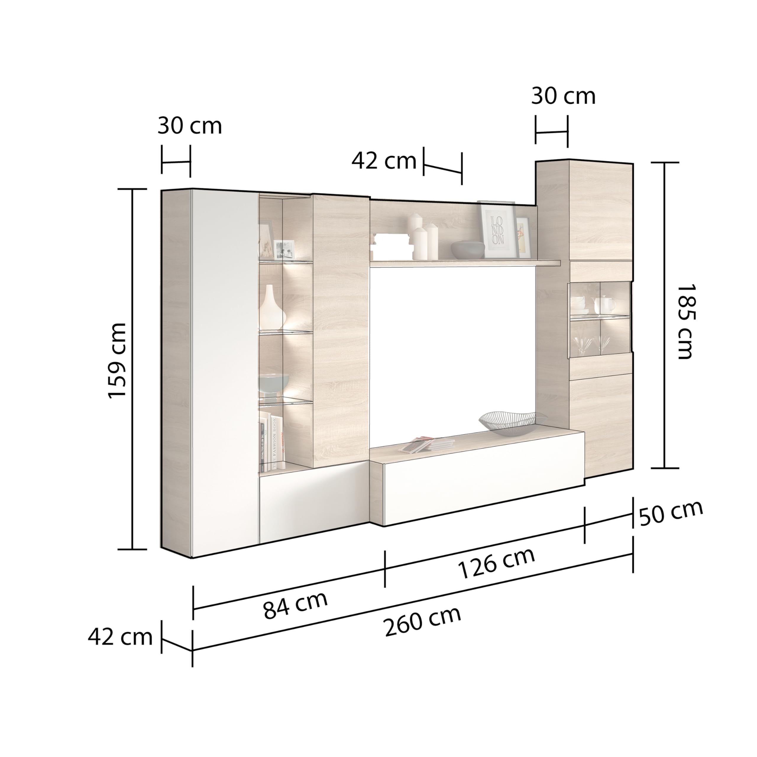duehome | Mueble de Comedor con Leds, Mueble Salon, Modelo Vinter Leds, Acabado en Blanco Brillo y Roble Canadian, Medidas: 260 cm (Ancho) x 185 cm (Alto) x 42 cm (Fondo)