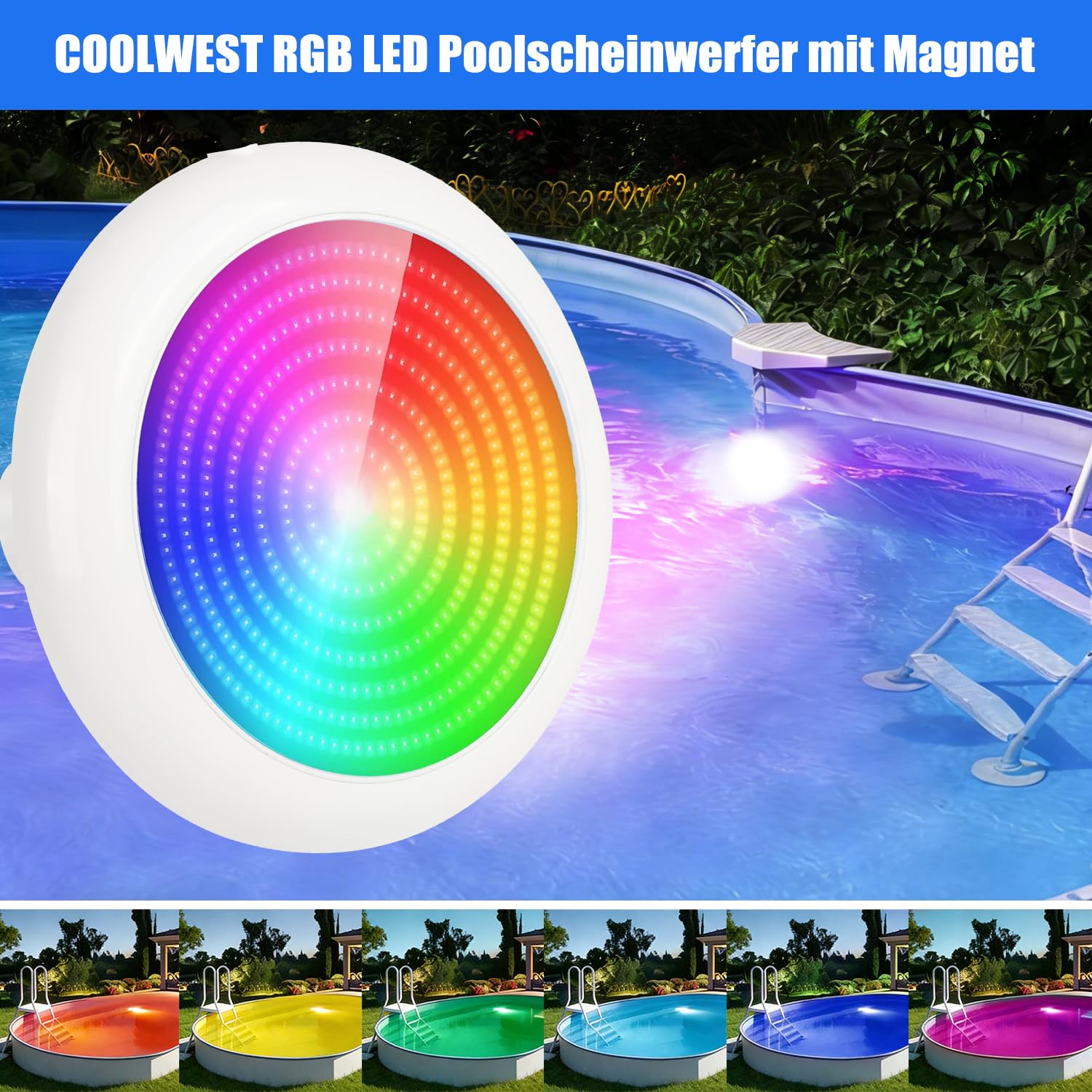 COOLWEST RGB LED Poolbeleuchtung, 24W Poolscheinwerfer mit Magnet, Pool Lichter Unterwasser mit APP-Kontrolle IP68 Wasserdicht für Stahlwandpools, Aufstellpool, Framepools, 7m Kabel, 12V, Dimmbar