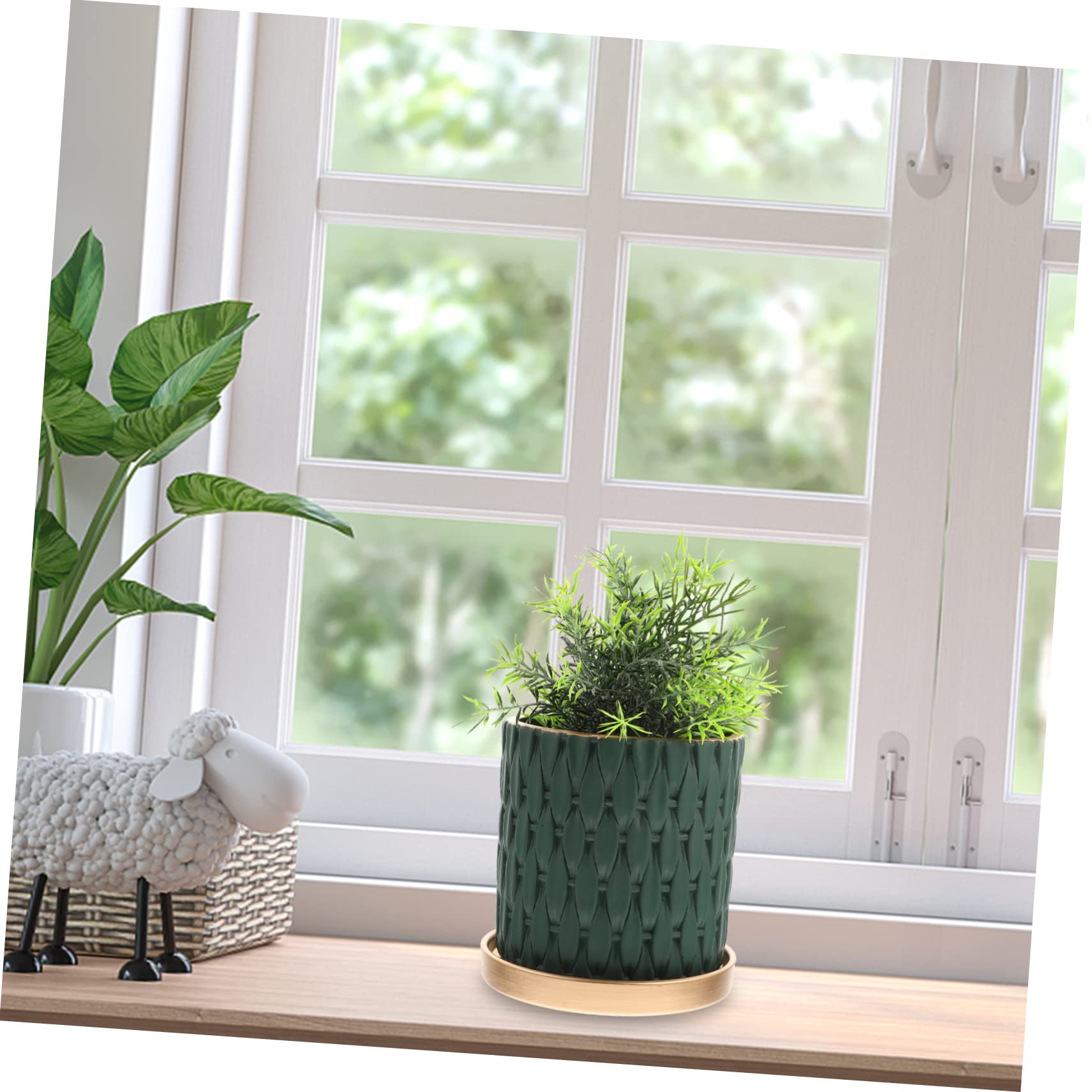 TOYANDONA Pot de Fleurs en Ciment avec Plateau Texture Agréable et Finition Soignée Style Européen Tressé Imitation Rotin, Jardinière Créative pour Plante D'intérieur ou Extérieur
