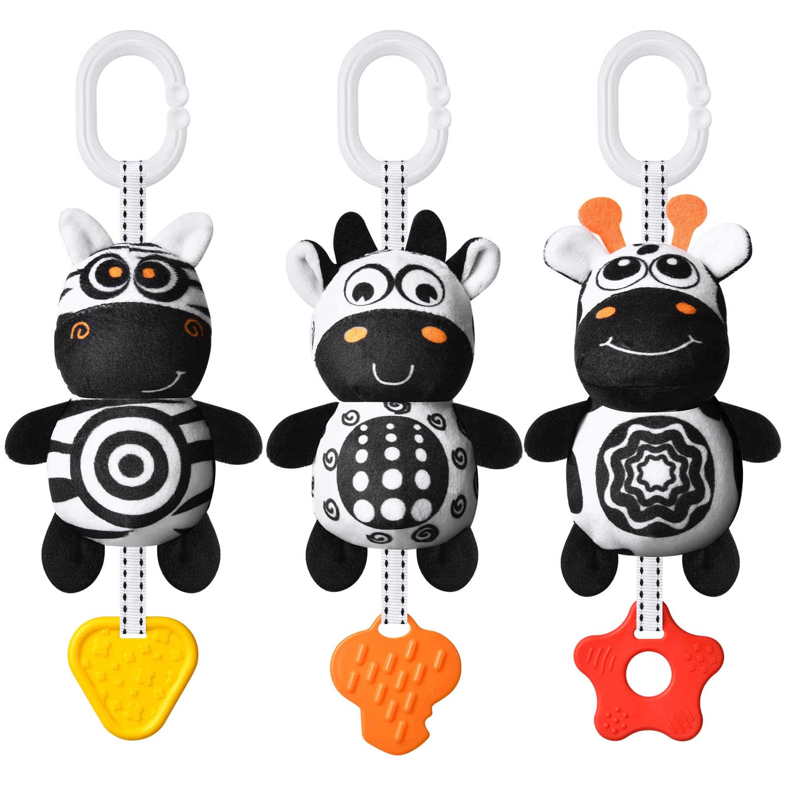 Aolso Kinderwagen Spielzeug, 3Pcs hängendes Rasselspielzeug, schwarz-weißes Spielzeug, Baby-Hängespielzeug, Neugeborenes Autositz-Spielzeug für Jungen und Mädchen (Zebra/Kuh/Hirsch)