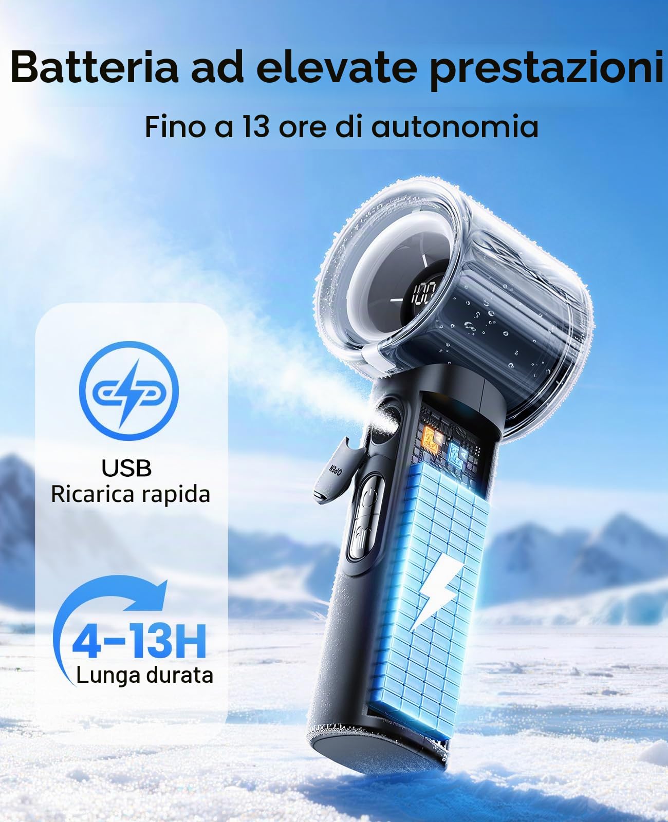 KIMMOO Ventilatore Portatile Turbo con Spruzzo di Nebbia, Potente 25000 RPM, Velocità (1-100), Serbatoio Acqua 50ml, Ventilatore Personale Ricaricabile USB, Piccolo Ventilatore da Tasca per Viaggio