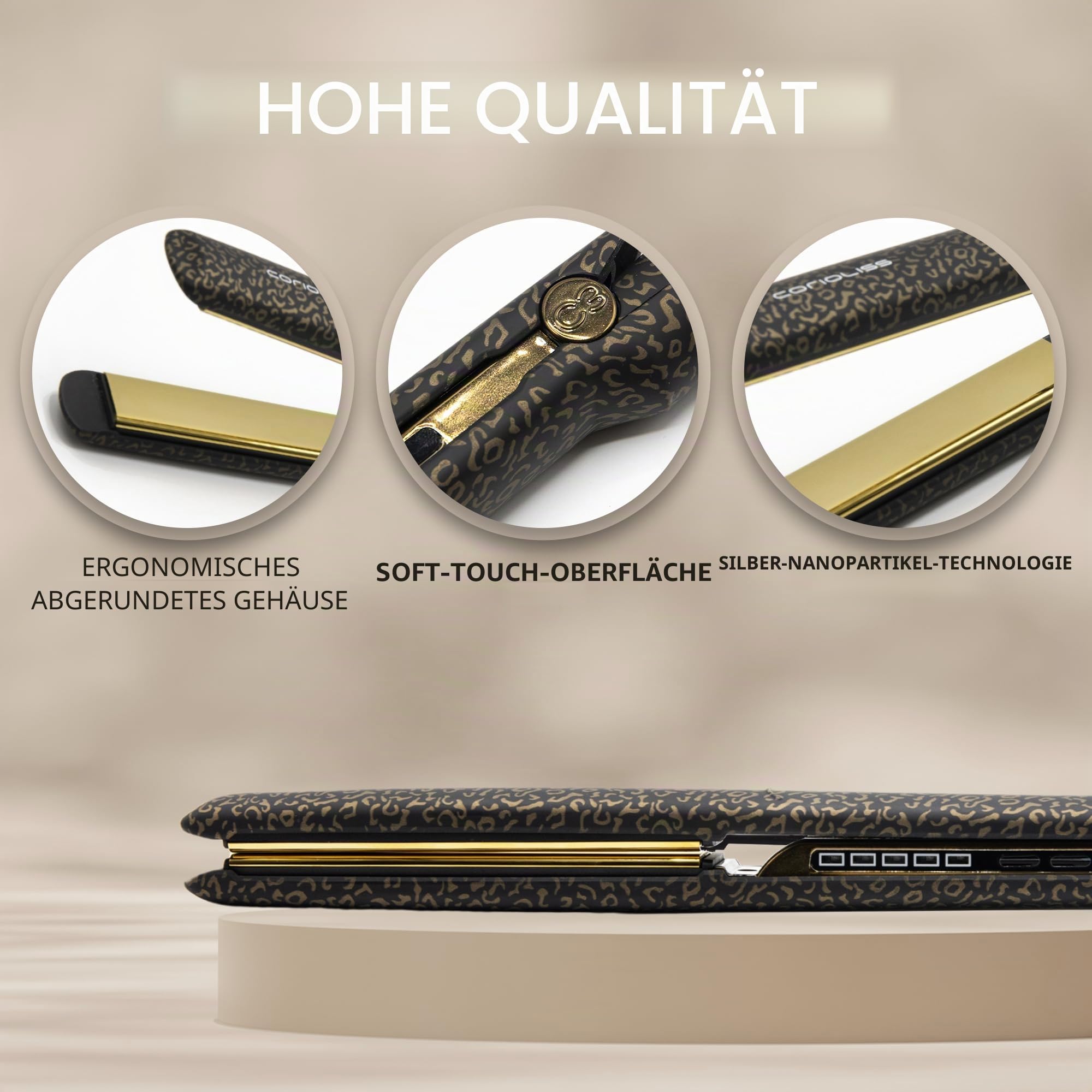 Corioliss C3 | Glätteisen | Extra Lange Titanplatten Anti Frizz | Haarglätter Locken und Glätten | Professionelles mit TemperaturregelunLeopard Gold Soft Touch