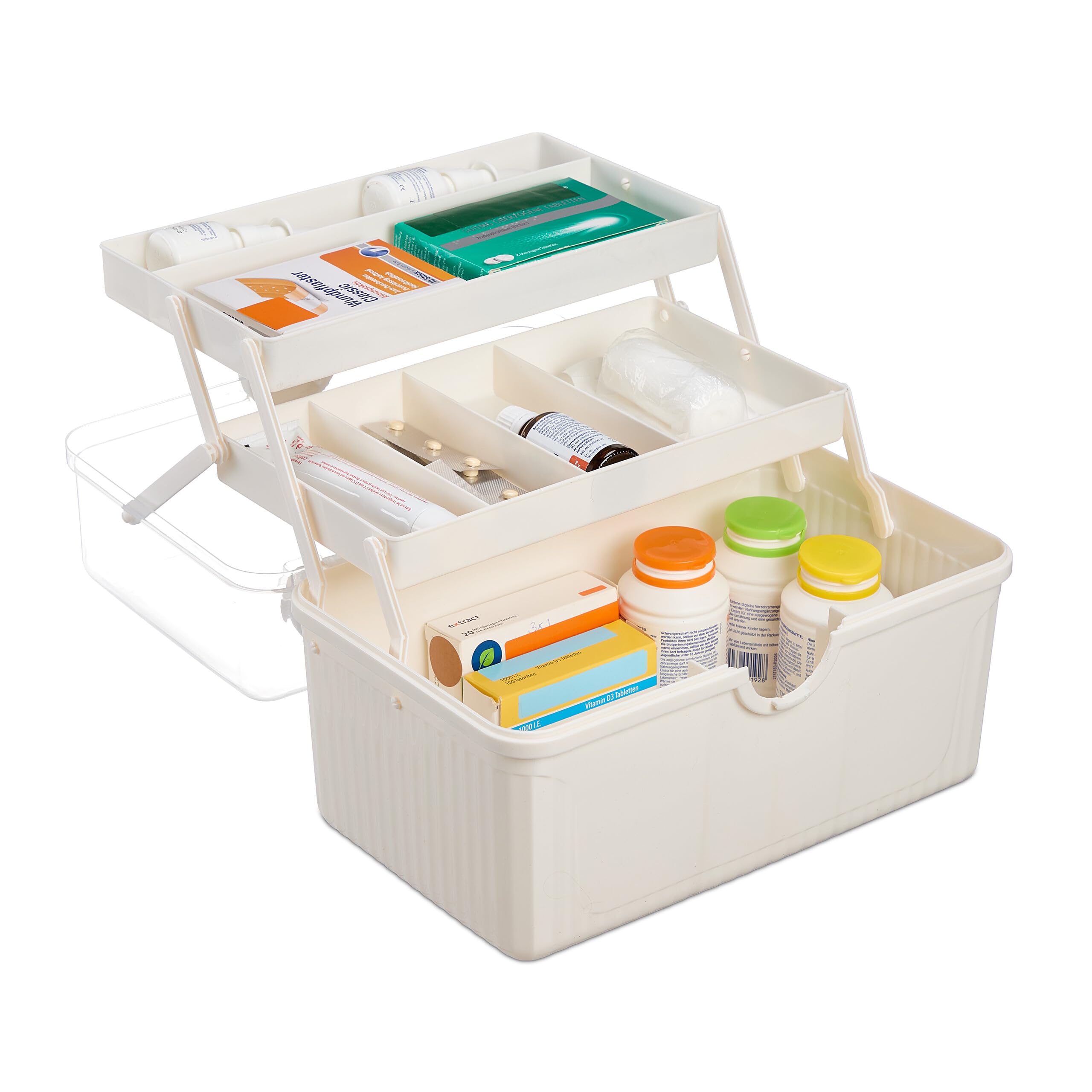 Relaxdays Medicine Storage Box, 7 Compartments, First Aid Supplies Organiser, Plastic, HWD: 20.5 x 30 x 21 cm, White
