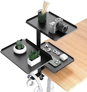 Dokeno Organizador de secretária, prateleira com suporte de 3 níveis para secretária, com compartimento de armazenamento ajustável e suporte para fones de ouvido, para mesa de escritório, penteadeira