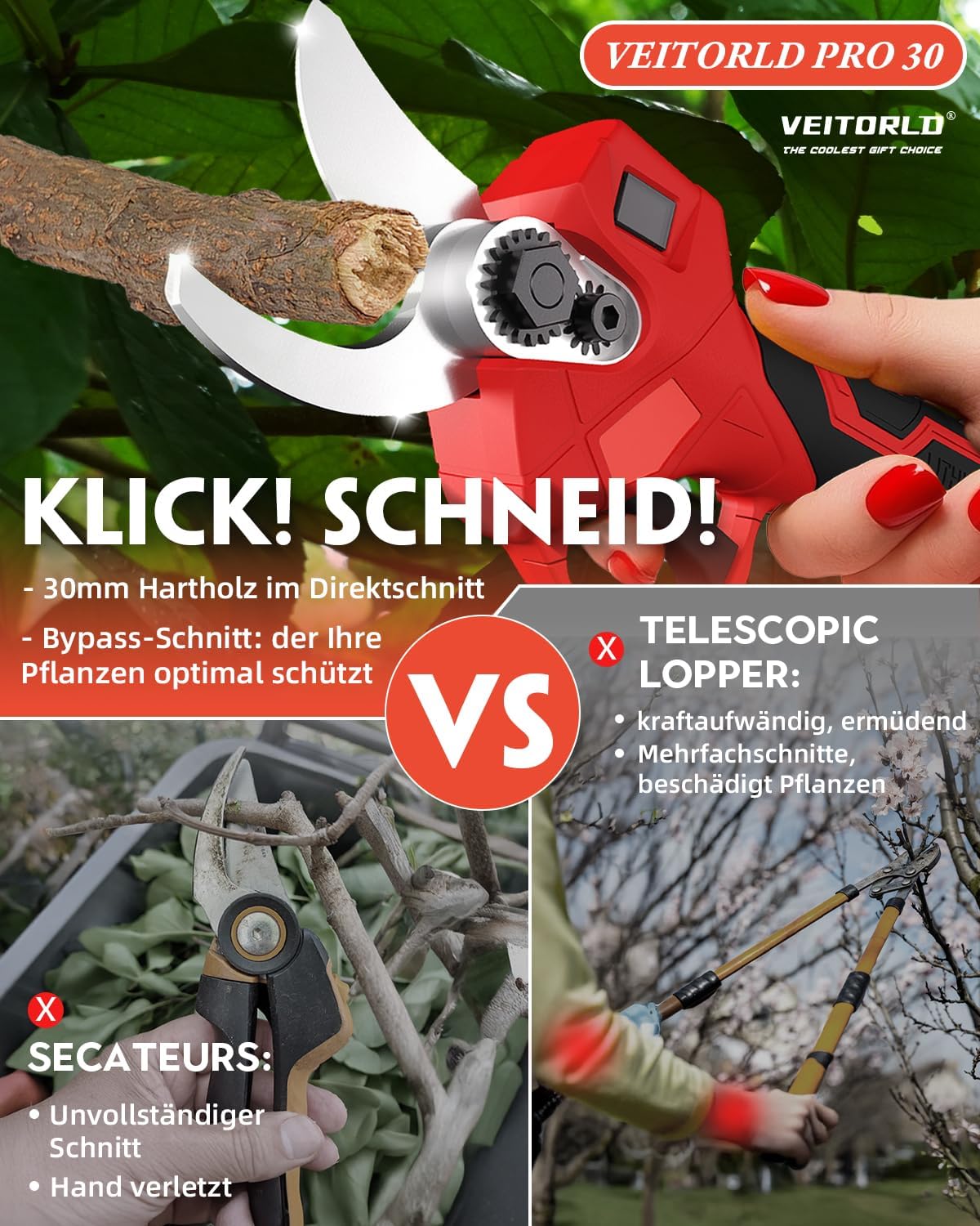 Veitorld Pro 30 Electric Lopper cutting a branch.
