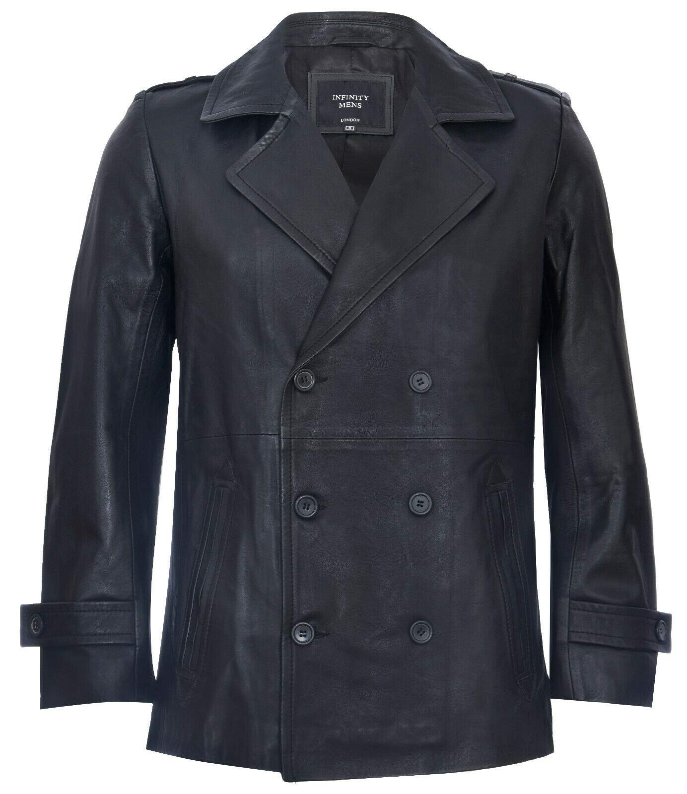 Infinity Leather Men's   Black  Mid-Length Leather Peacoat-Epworth in Size XS, BrandAlley
