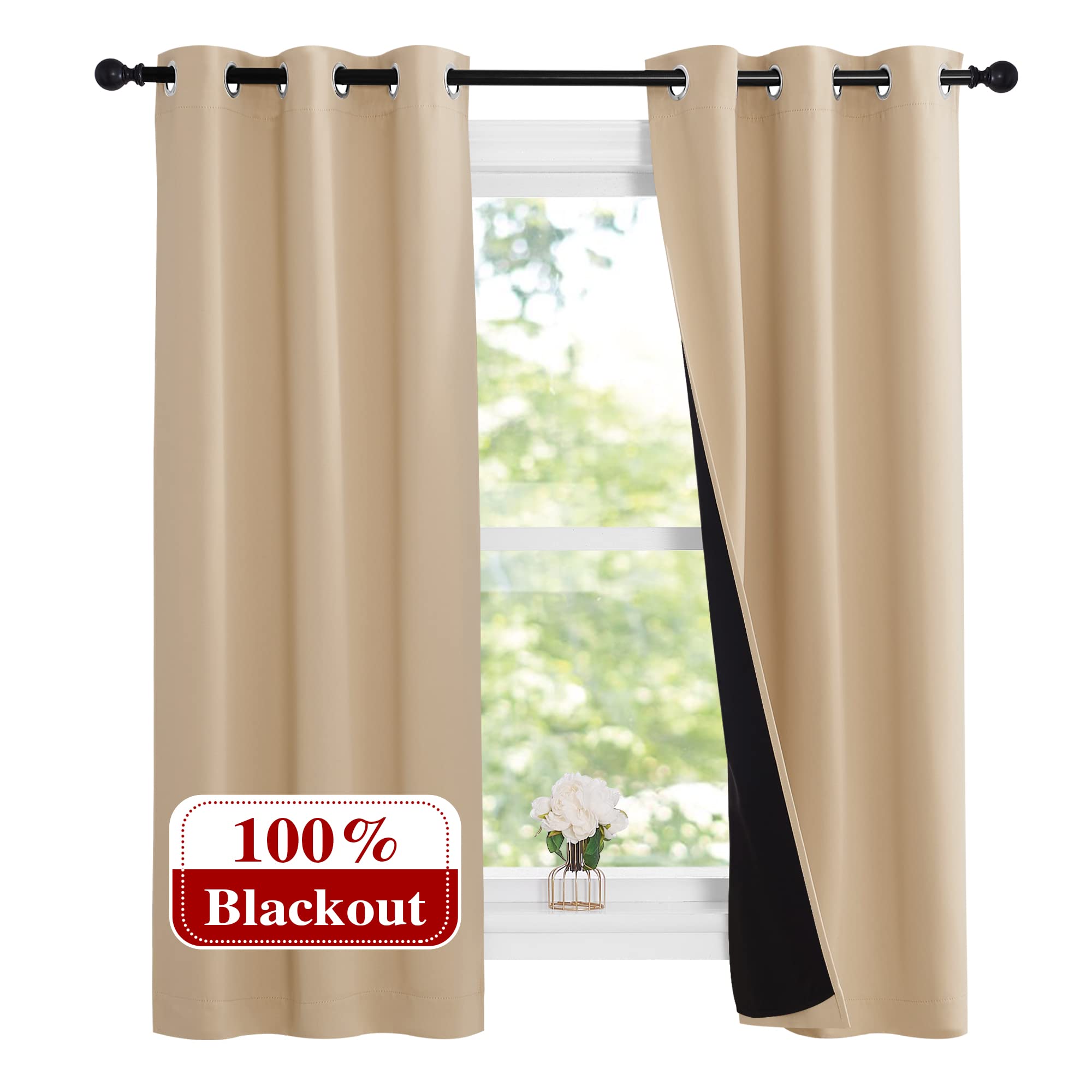 NICETOWN Bedroom Full Blackout Curtain Panels, Super Thick Insulated Grommet Drapes, Double-Layer Blackout Draperies with Black Liner for Small Window (Set of 2 Pcs, 37 by 63-inch, Biscotti Beige)