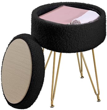 ABHENG Storage Ottoman Round Footrest Stool, Vanity Stool Chair Faux Teddy Fur with Storage, Modern Multifunctional Chairs, 32 x 32 x 44 cm, Ink Black ASND51B