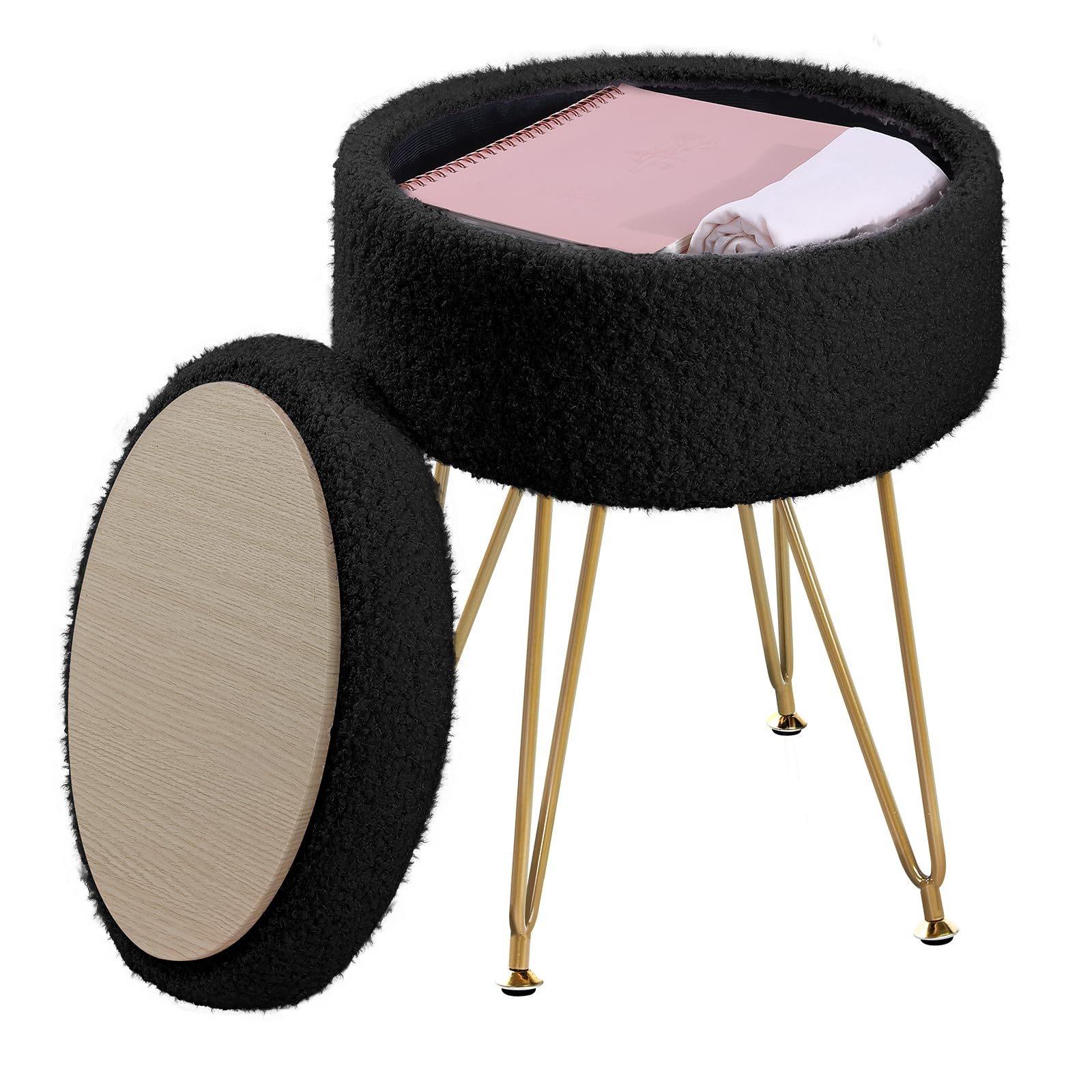 ABHENG Storage Ottoman Round Footrest Stool, Vanity Stool Chair Faux Teddy Fur with Storage, Modern Multifunctional Chairs, 32 x 32 x 44 cm, Ink Black ASND51B