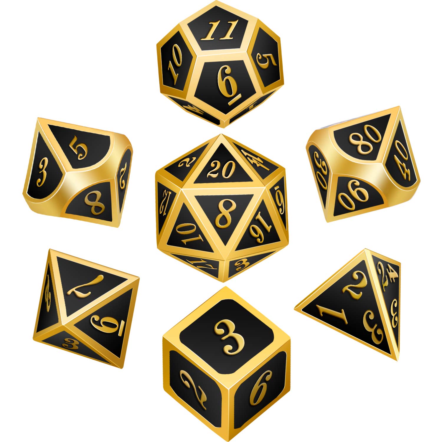Bememo Polyhedral Metal Dices Set Zinc Alloy with Enamel Solid Metal Compatible with DND Game, Tabletop RPG, Dungeons and Dragons, Math Teaching, 7 Pieces Dice Set with Black Velvet Bag (Golden Black)