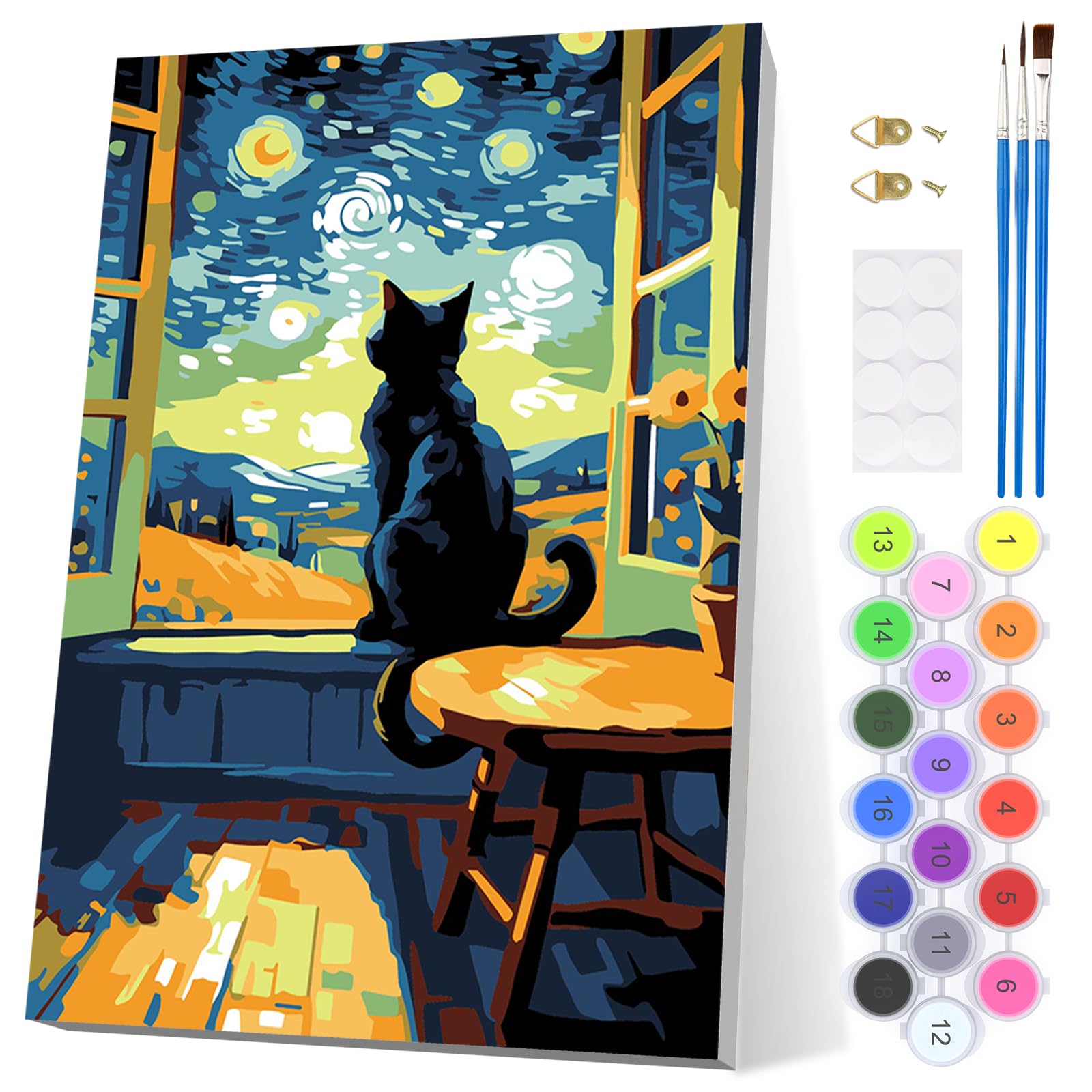 EOBROMD Black Cat Paint by Numbers for Adults Beginner with Frame, Starry Night Paint by Numbers Kits, Acrylic Easy Painting by Numbers for Gift Home Wall Decor 8x12in