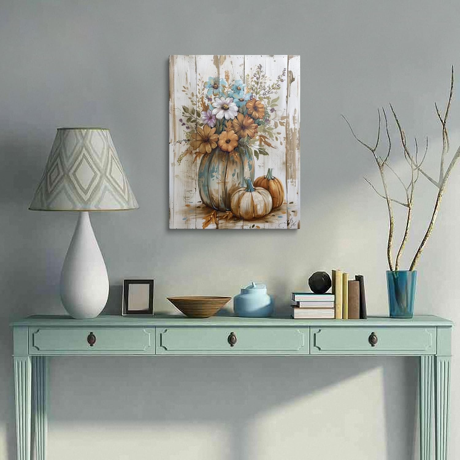 Retro Autumn Pumpkin Floral Picture Wall Decor Framed Fall Flower Halloween Canvas Wall Art Rustic Prints Poster Farmhouse Country Painting for Living Room Bathroom Kitchen Home Artwork (12"x16")