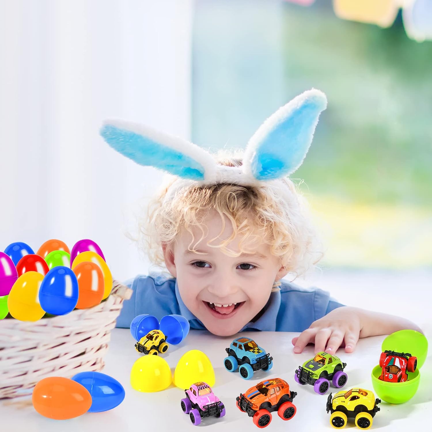 SpringFlower Easter Egg Filled with Pull Back Monster Car Trucks for Kids Easter Party Favor, Easter Egg Hunt, Basket Stuffer, Easter Basket Essentials, Classroom Rewards for Boys Kids,12 Pack