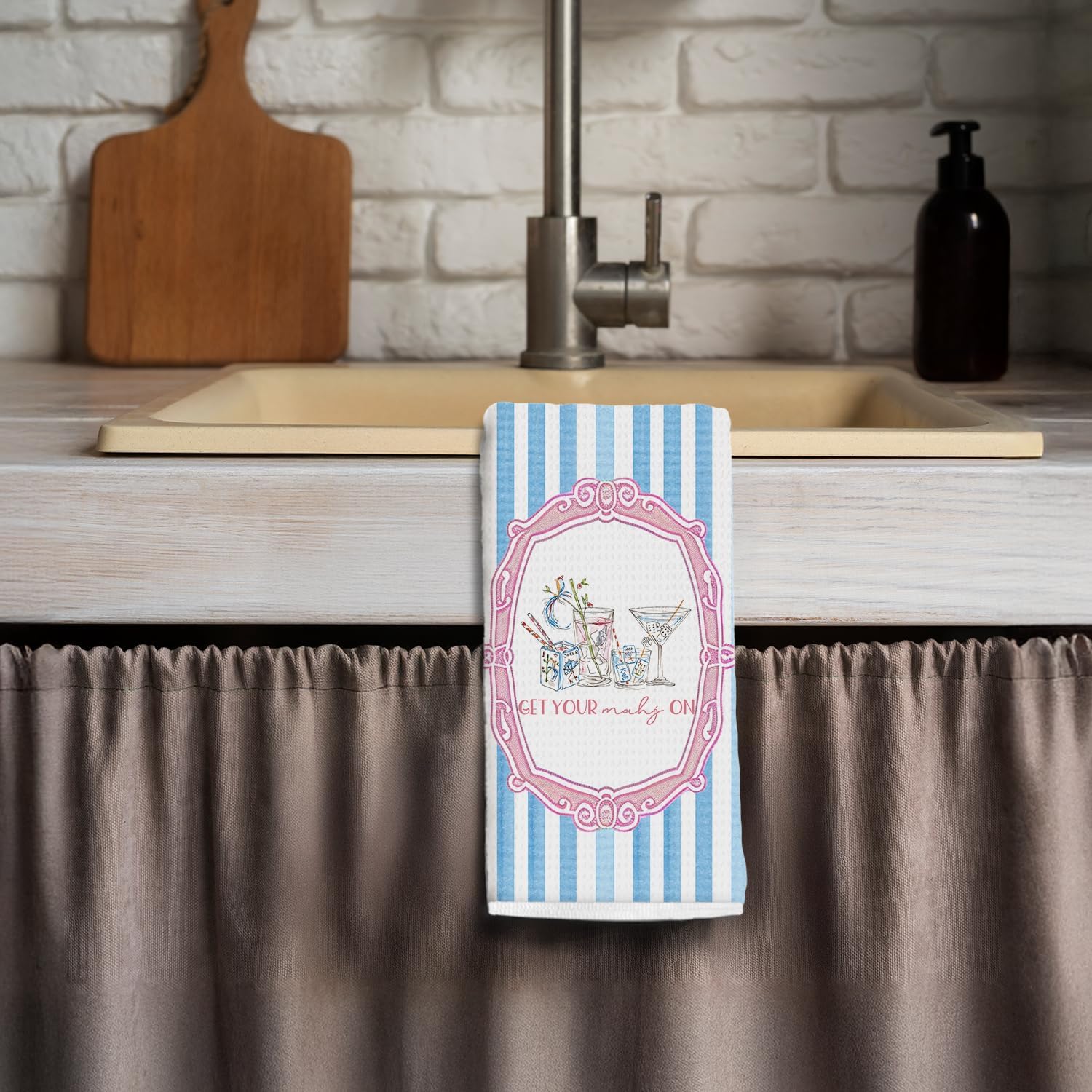 Mahjong Cocktail Kitchen Towels,Gifts for Cocktail Lovers Dish Tea Towels,Mahjong Player Lover Gifts Decorative Hand Towel for Kitchen Bar Pub,Blue Striped Pink Coastal Decor,16x24 Inch - Image 3
