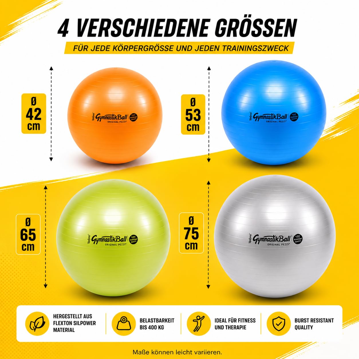 Pezzi Maxafe - Pelota de gimnasia (42, 53, 65 y 75 cm de diámetro, incluye bomba ATC, soporta hasta 400 kg, para fitness, rehabilitación, terapia, gimnasia y como pelota de asiento para oficina, 42