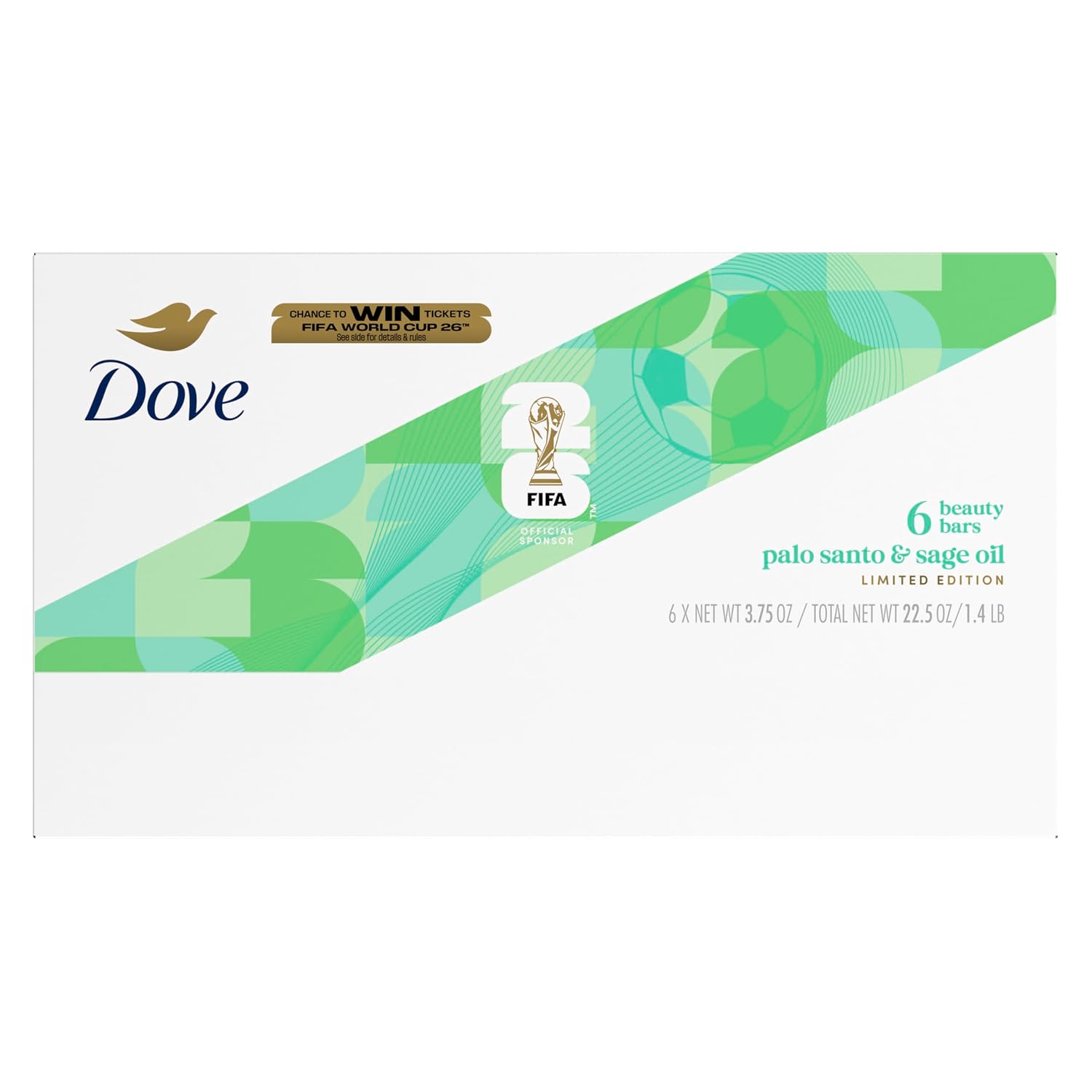 Dove Limited Edition FIFA Beauty Bar Soap, Palo Santo & Sage Oil Hydrating Cleanser For Soft, Smooth Skin | 3.75 oz Bars (6‑Count)