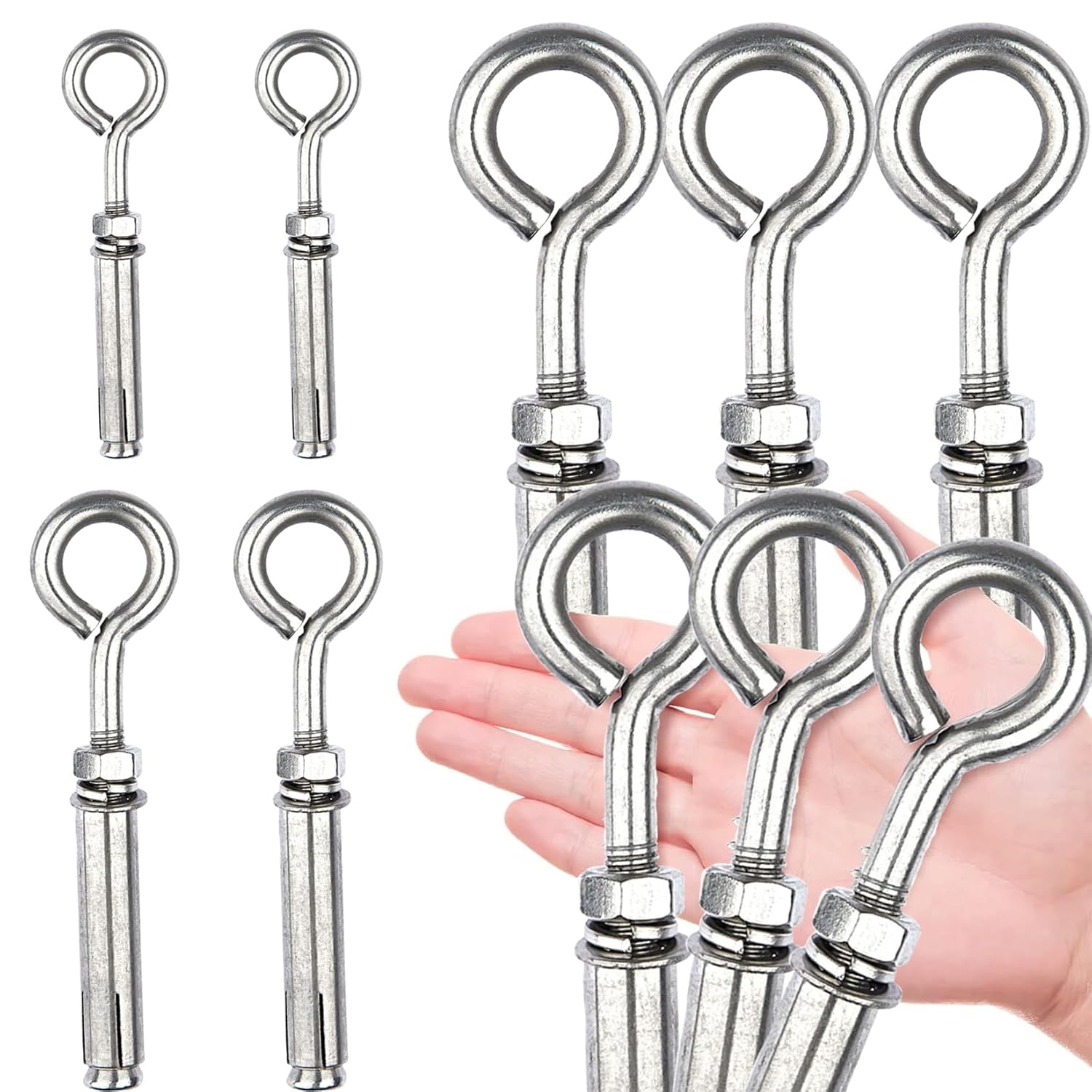 Shoulder Eye Bolts M8 Heavy Duty Shoulder Lag Eyebolts, Stainless Steel Expansion Screws Wall Concrete Anchors Fastener with Nut for Wall Ceiling Concrete Masonry, 10PCS