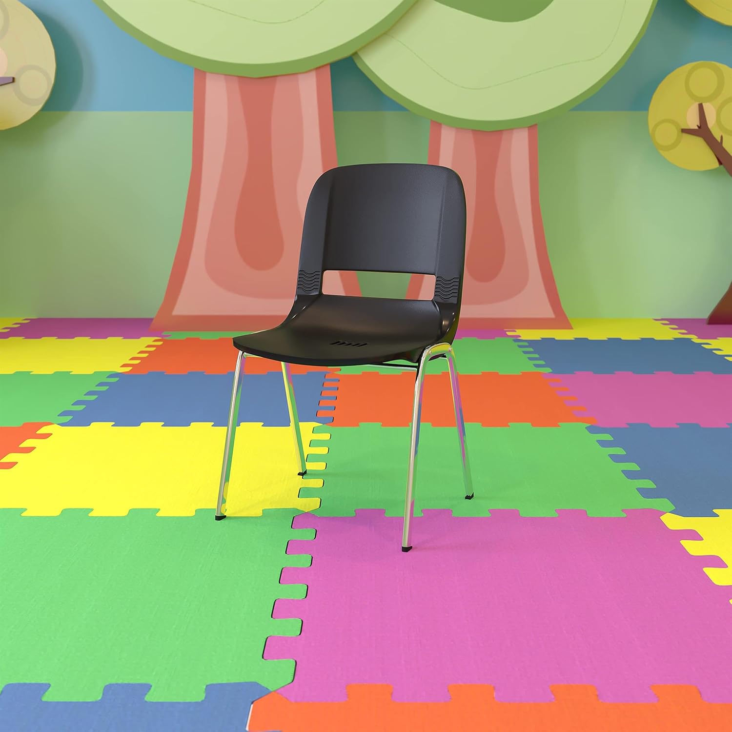 BOWERY HILL Ergonomic Shell Stacking Chair, Chrome Frame, Black Plastic Injection Molded Shell, Vented Back, 661 lb Weight Capacity, Body Molded Design for School/Classroom Seating