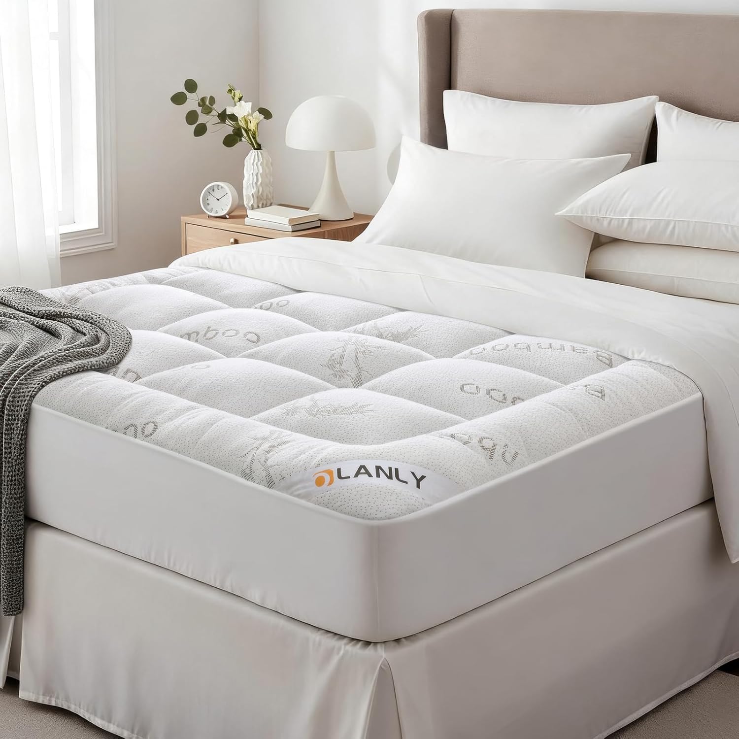 OLANLY Queen Mattress Topper – Viscose Made from Bamboo Cooling Pillow Top, Plush Bed Topper with Breathable Quilted Design, Soft Queen Mattress Pad for Back Pain Relief, White White Queen