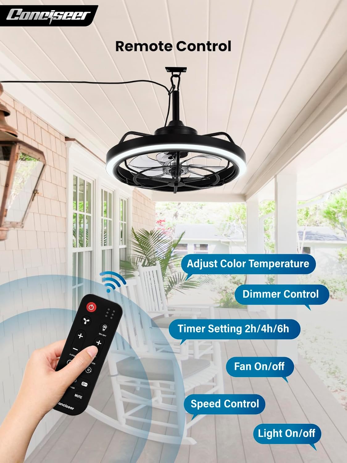 Outdoor Ceiling Fan with Light for Patio, 20" Waterproof All-Weather Plug-in Hanging Fan, Smart APP/Remote Control, 3CCT Dimmable LED, Caged Design for Gazebo, Pergola, Porch