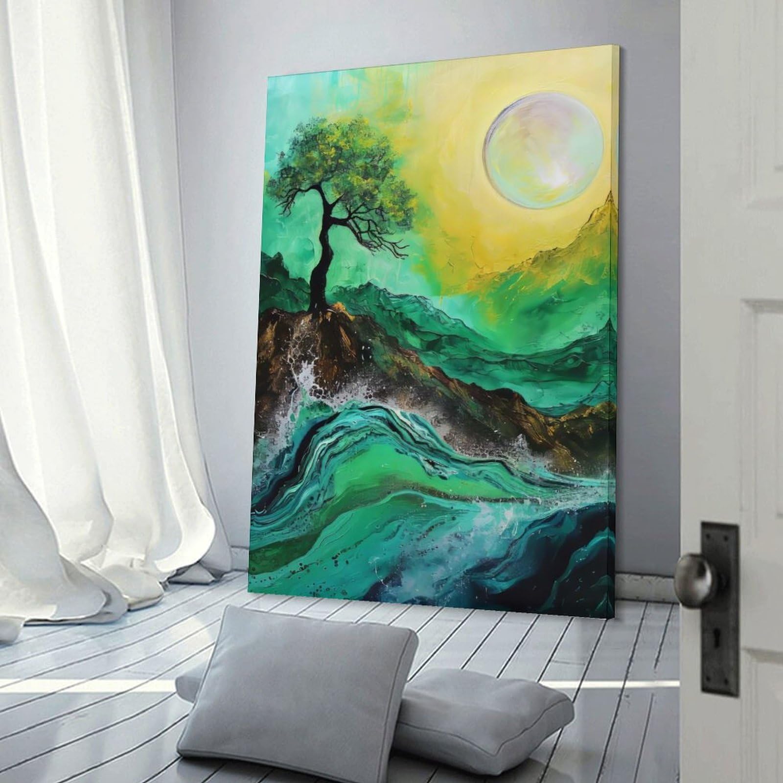 Junmoney Frame-Style-9 Home Decor Wall Art Emerald Landscape With Tree And Moon, 12X18inch(30X45cm), For Bedroom Decor, Cosy Corners Or Studios, Decorative Wall Art For Cosy Rooms