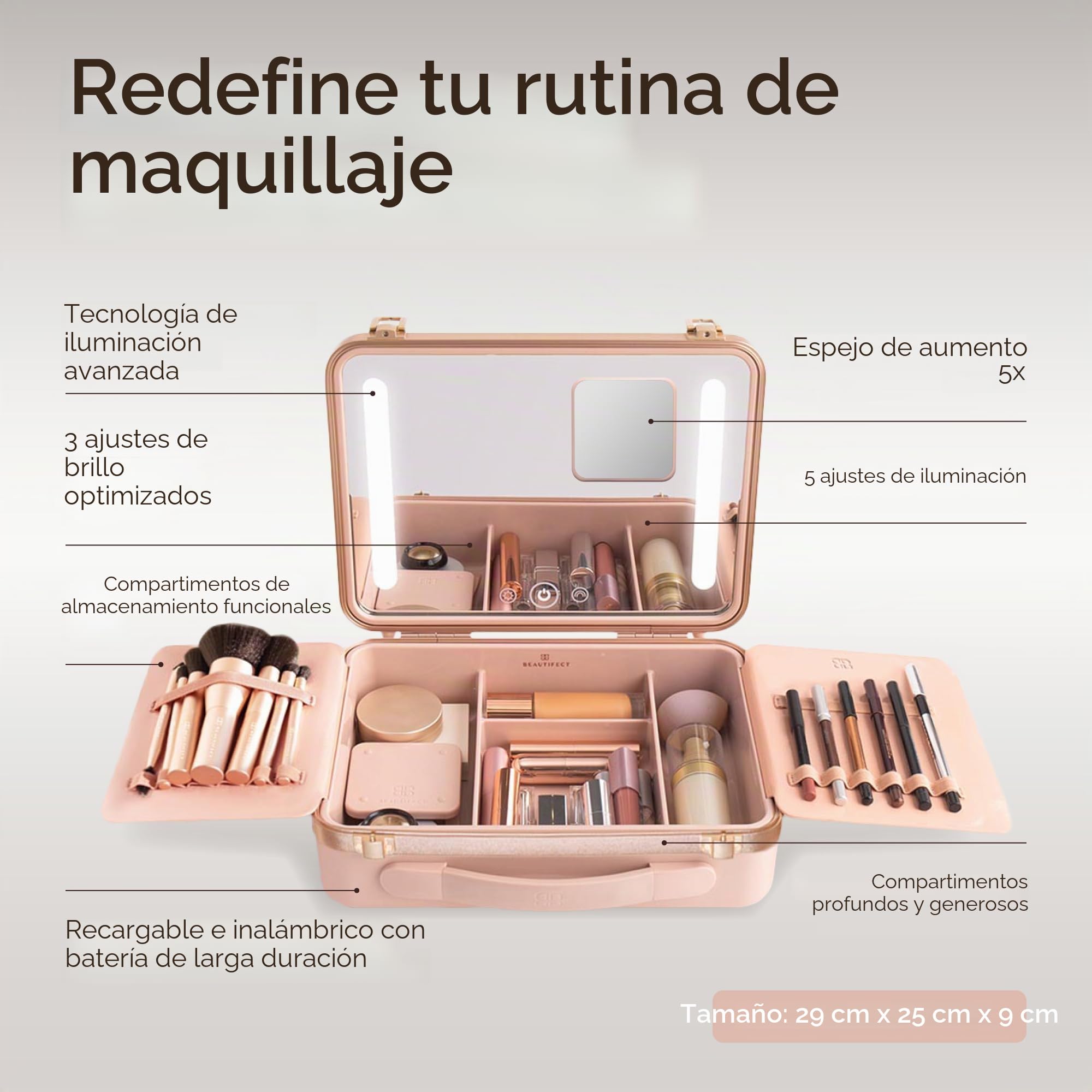 Beautifect Box Nude - Bolsa de maquillaje grande con espejo con luz LED - Neceser metálico acolchado para cosméticos para mujer - Organizador de artículos de tocador y maquillaje con compartimentos y