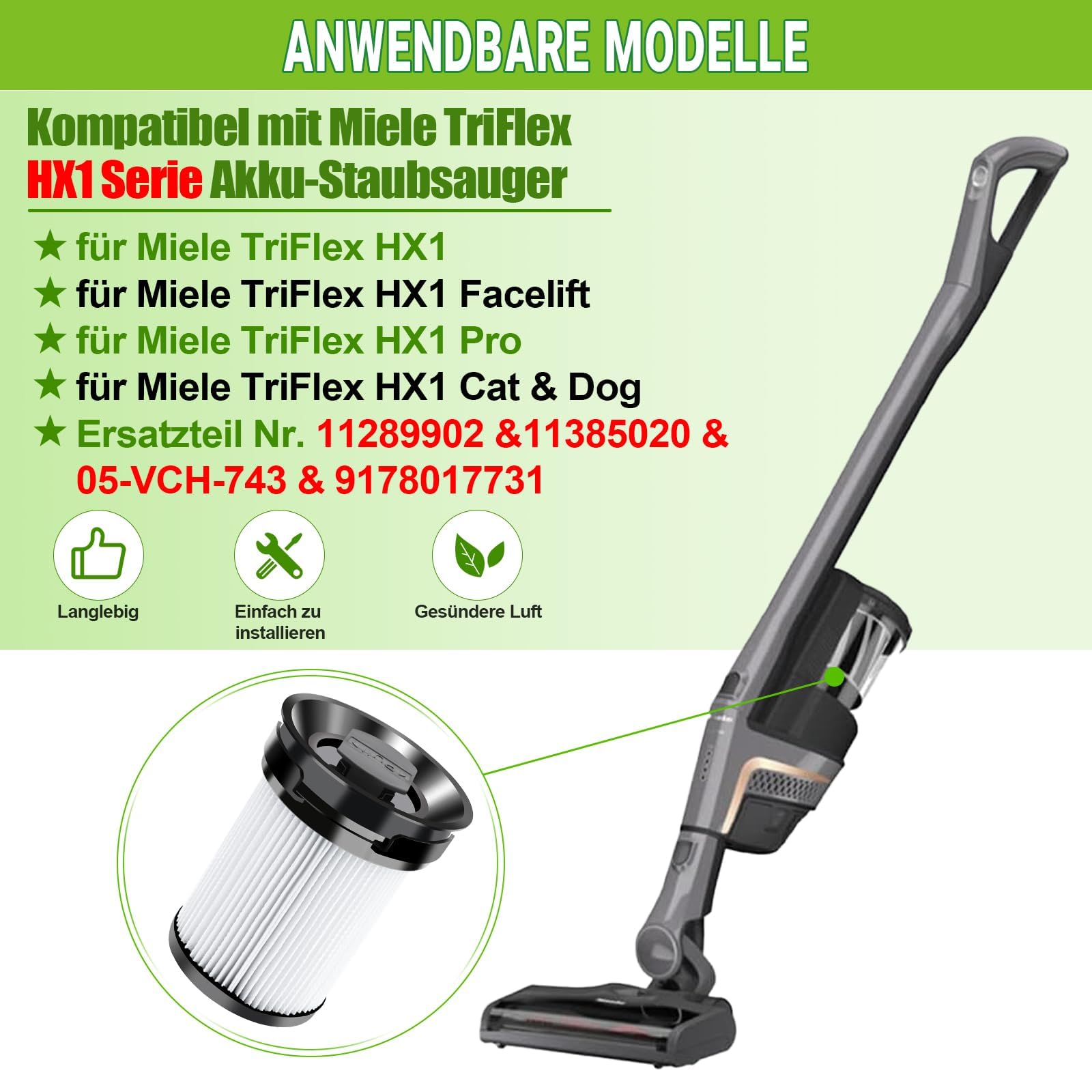 3 PCS Filtri di ricambio per aspirapolvere a batteria compatibili con Miele Triflex HX1 FSF Facelift, filtri per modelli compatibili con Miele HX1 Cat & Dog/Facelift, codice ricambio 9178017731