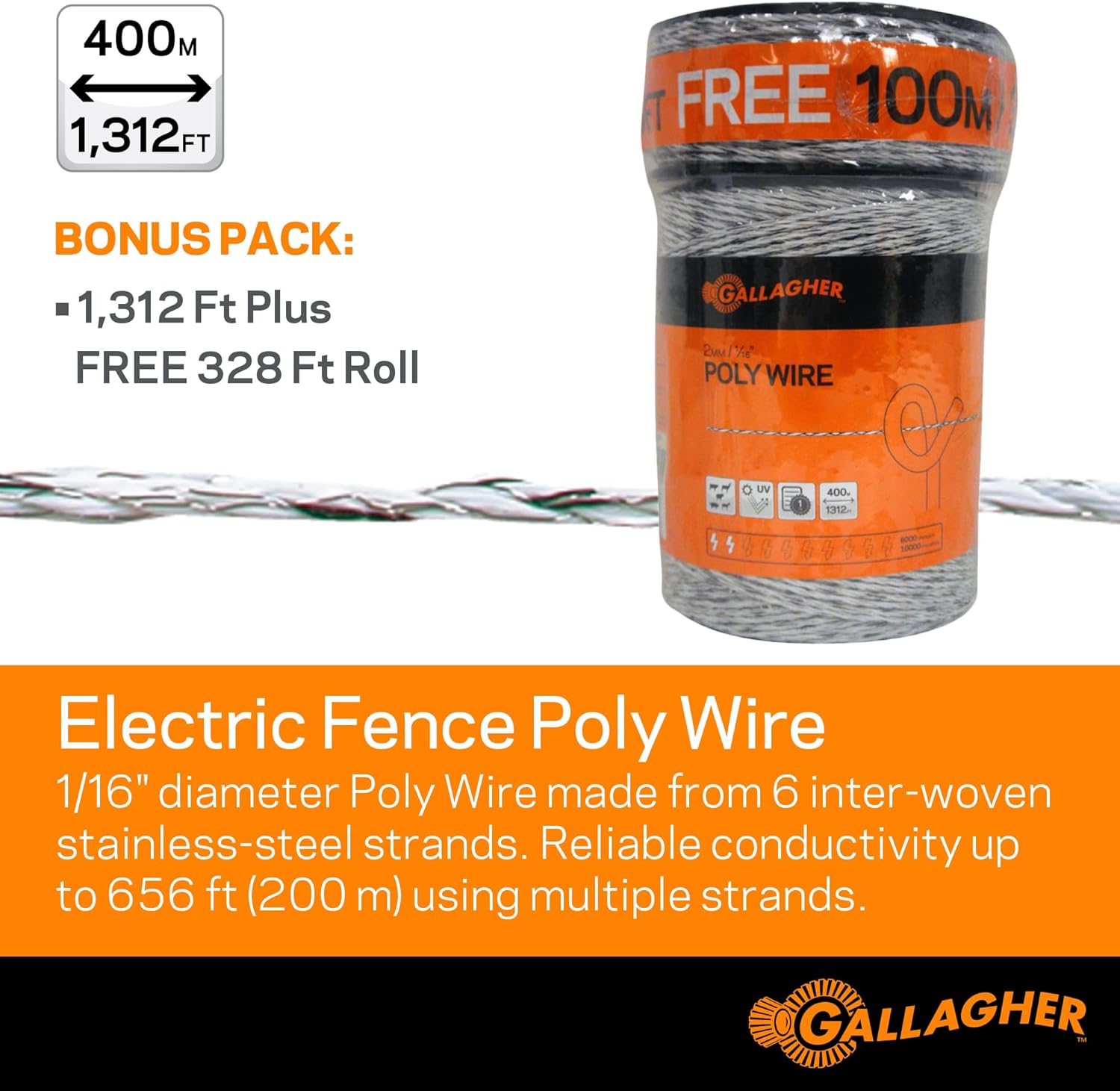 Gallagher Electric Fence Reel and Polywire Bundle | 3:1 Geared Reel with 1640 Ft Polywire | Temporary Electric Fencing Kit for Rotational Grazing Pasture Division Livestock Control