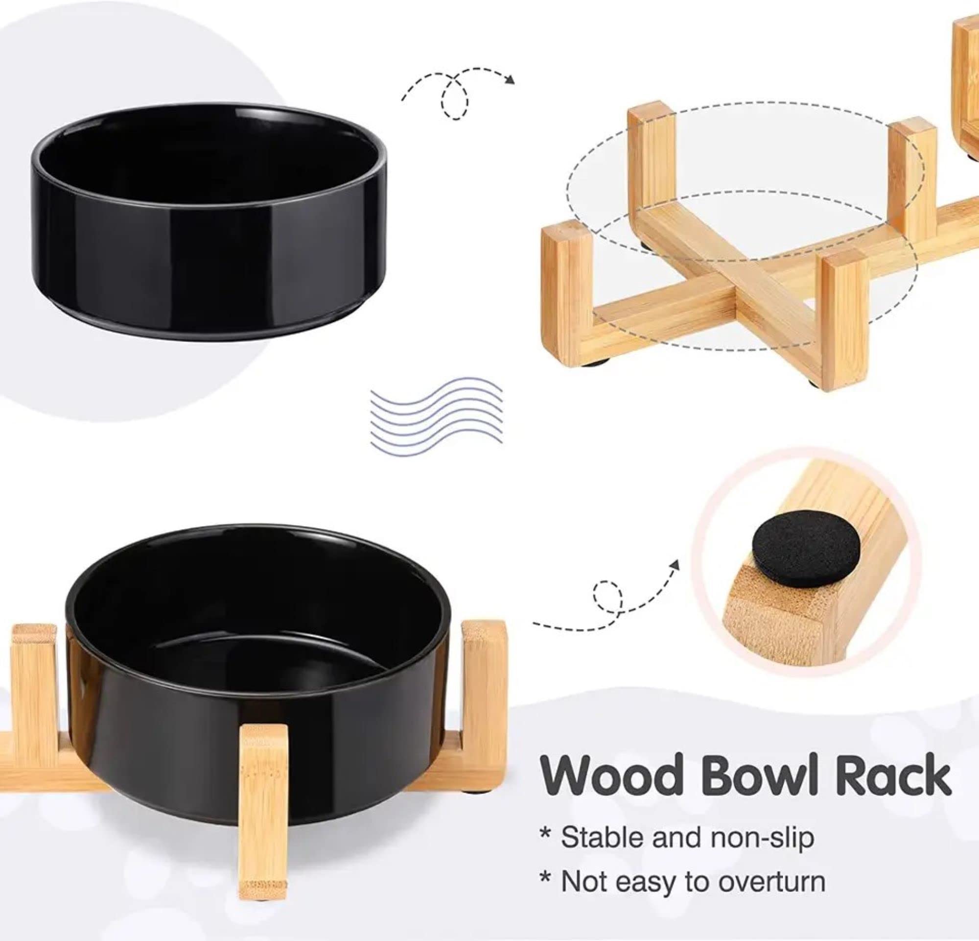2 comederos de cerámica para perros con soporte de madera de bambú, antideslizante, comedero doble, 600 ml, para gatos y perros, cerámica, apto para lavavajillas, color negro