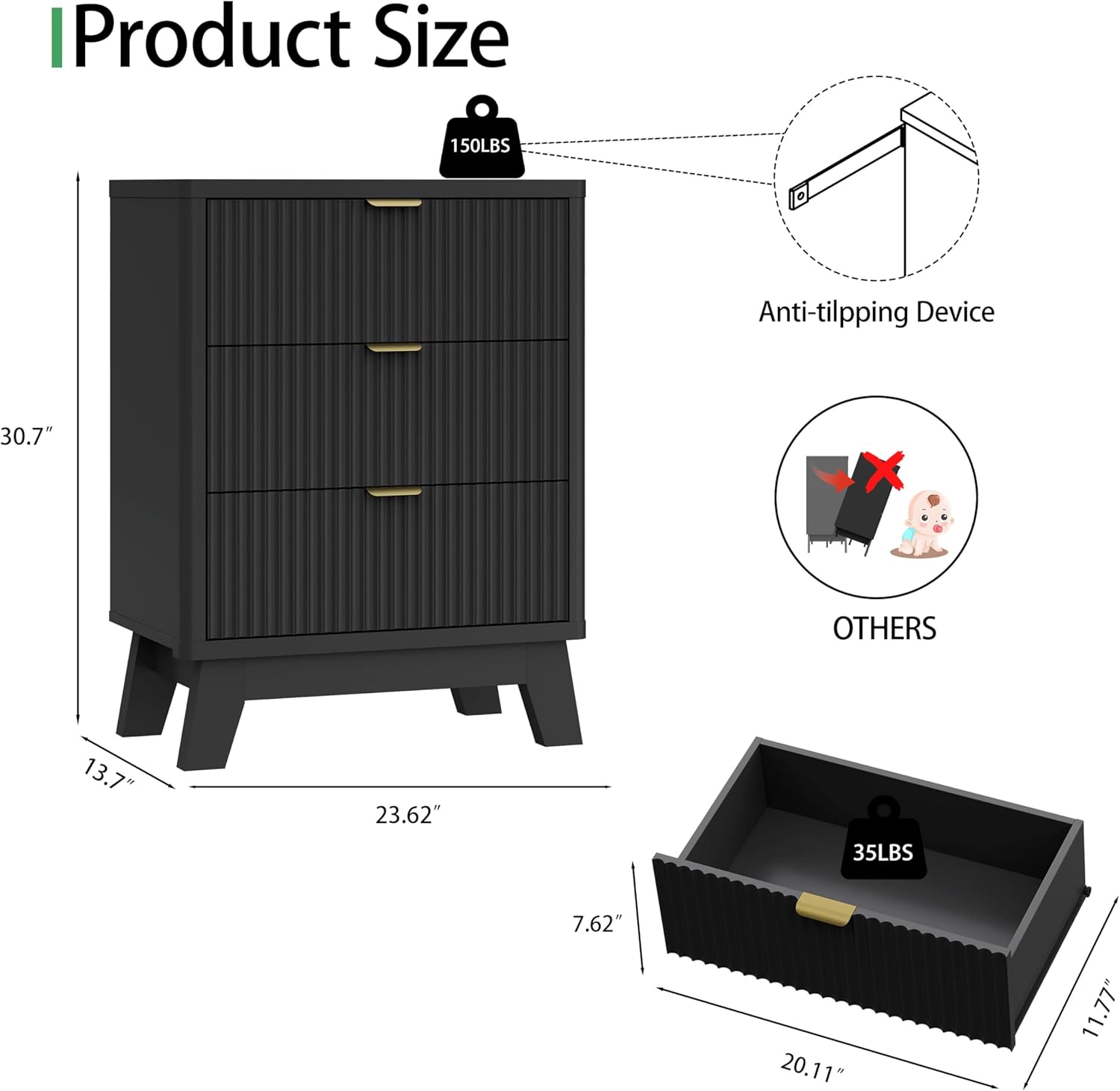 Close-up of nightstand showing anti-tipping device and smooth sliding drawers